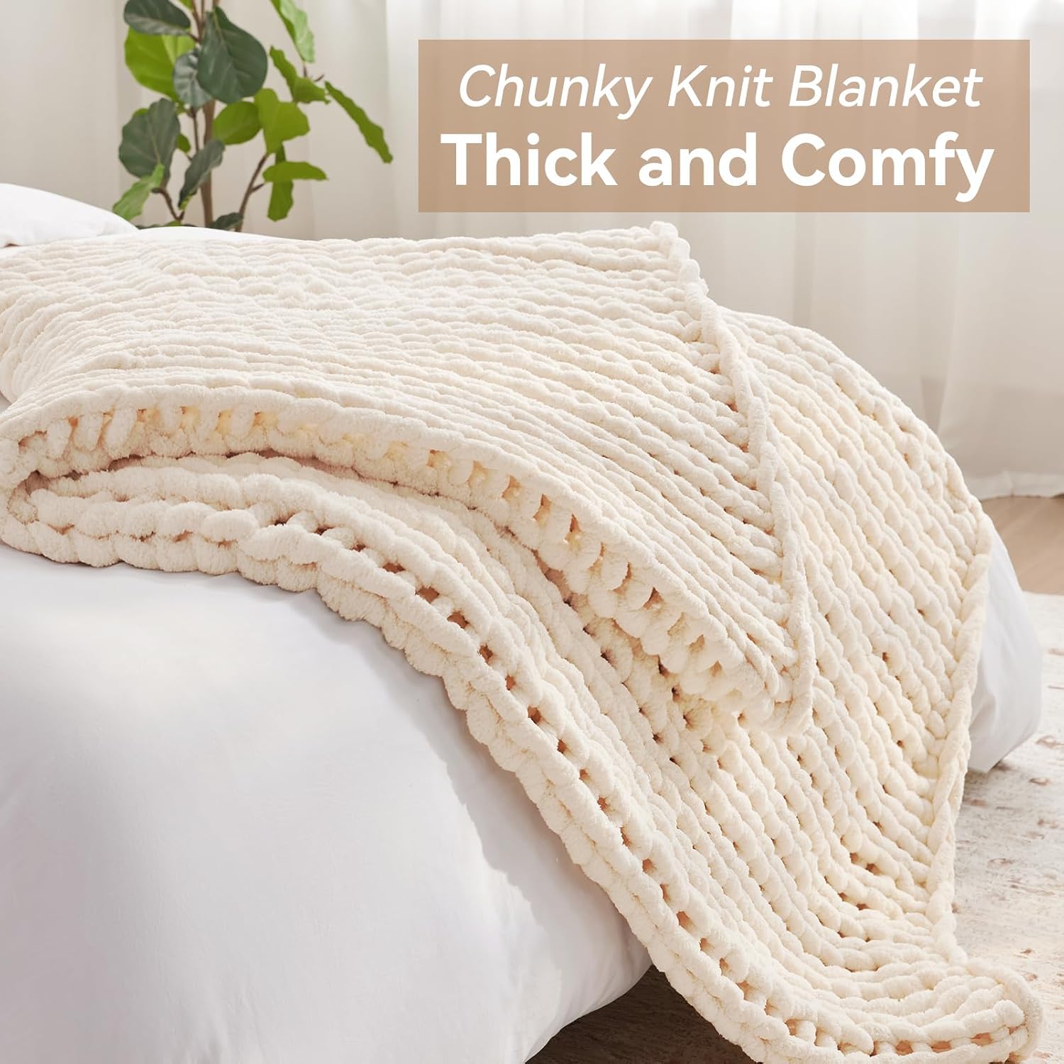 Cream Handmade Chenille Chunky Knit Throw