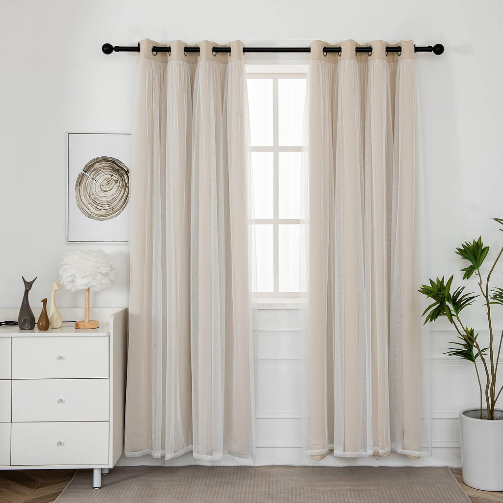 Beige Double Layer Blackout Grommet Curtains Set