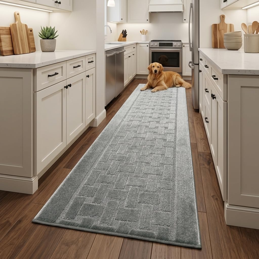 Grey Textured Washable Runner Rug