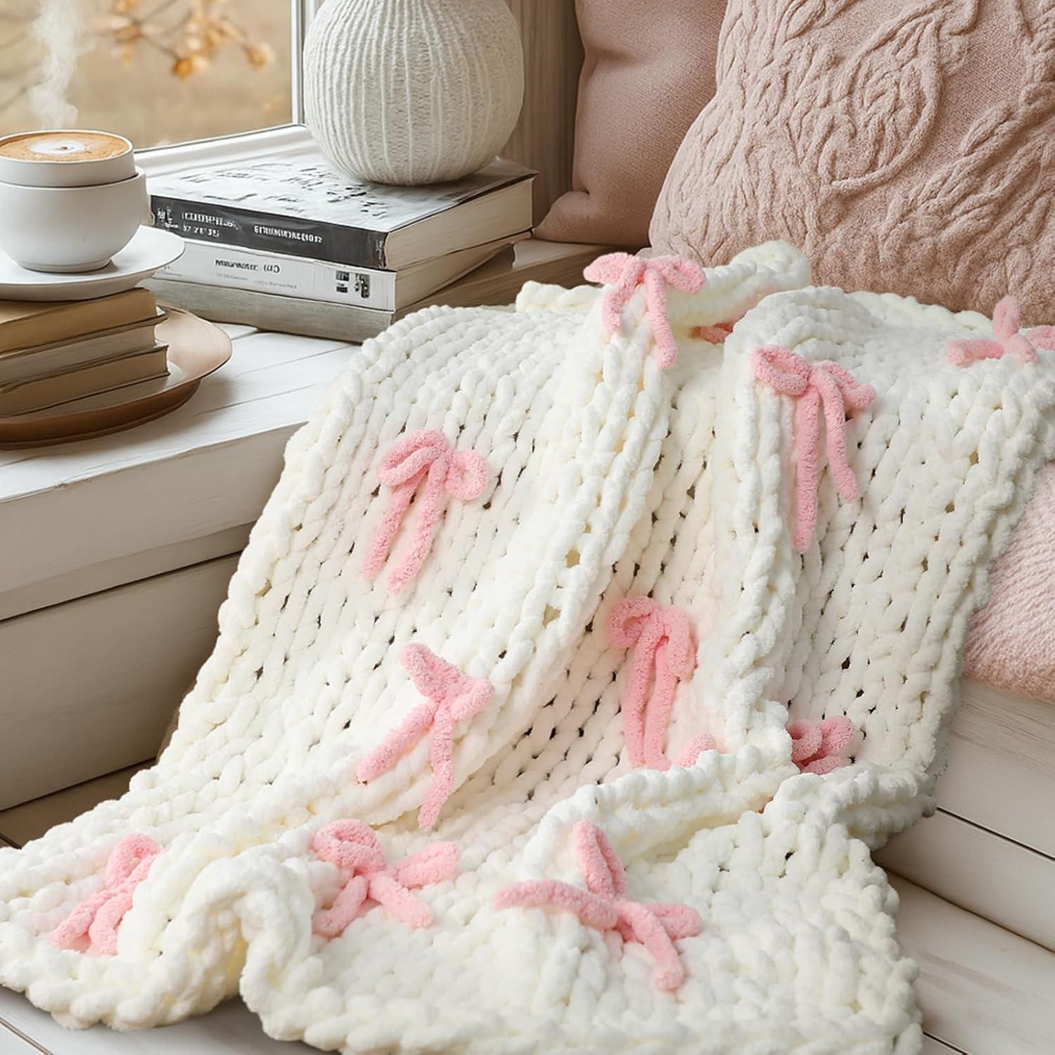 Pink Bow Chunky Chenille Knit Throw