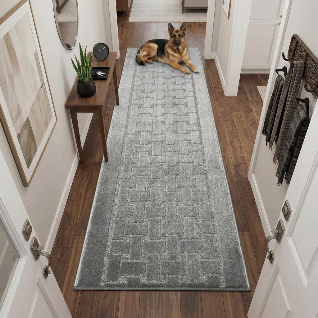 Grey Textured Washable Runner Rug