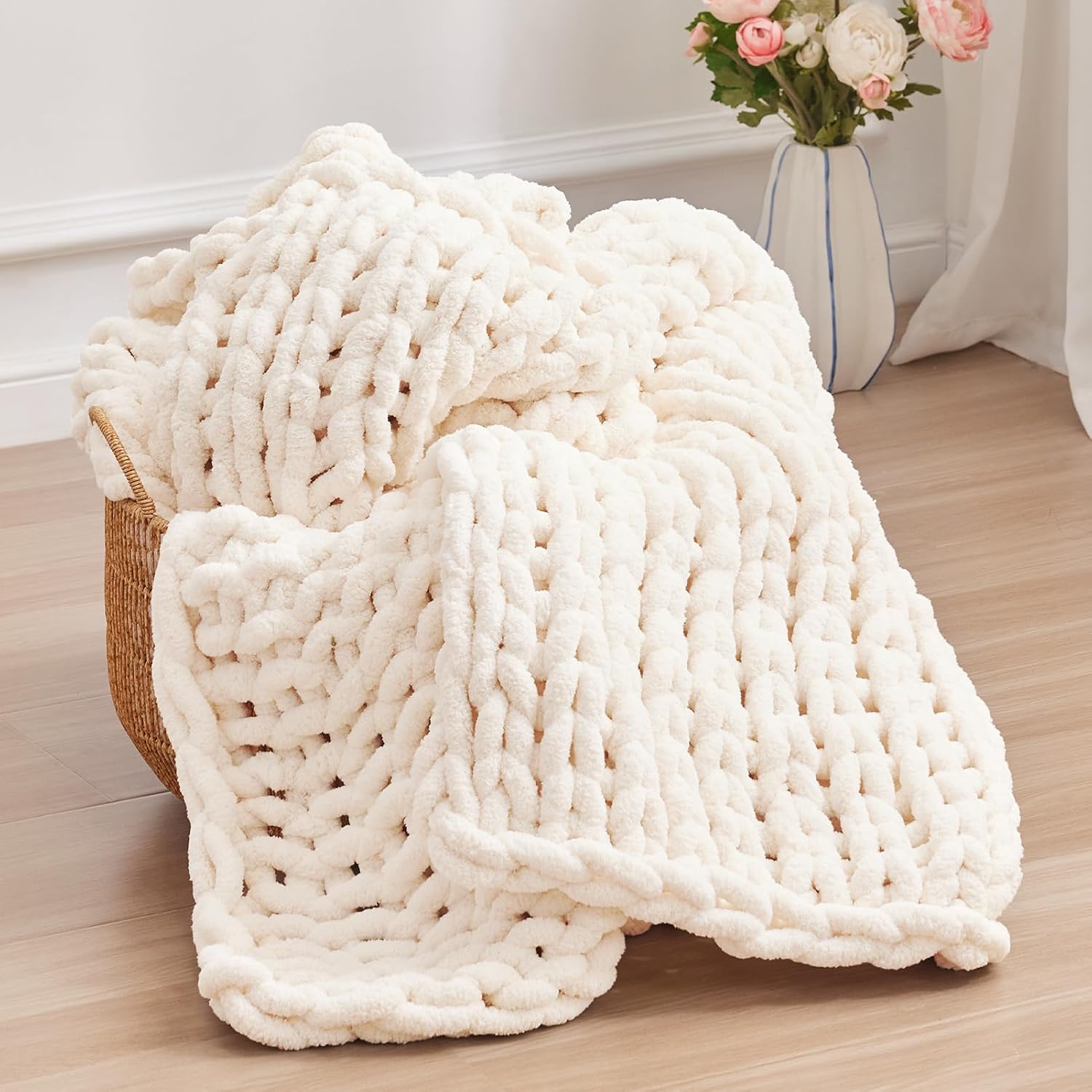 Cream Handmade Chenille Chunky Knit Throw