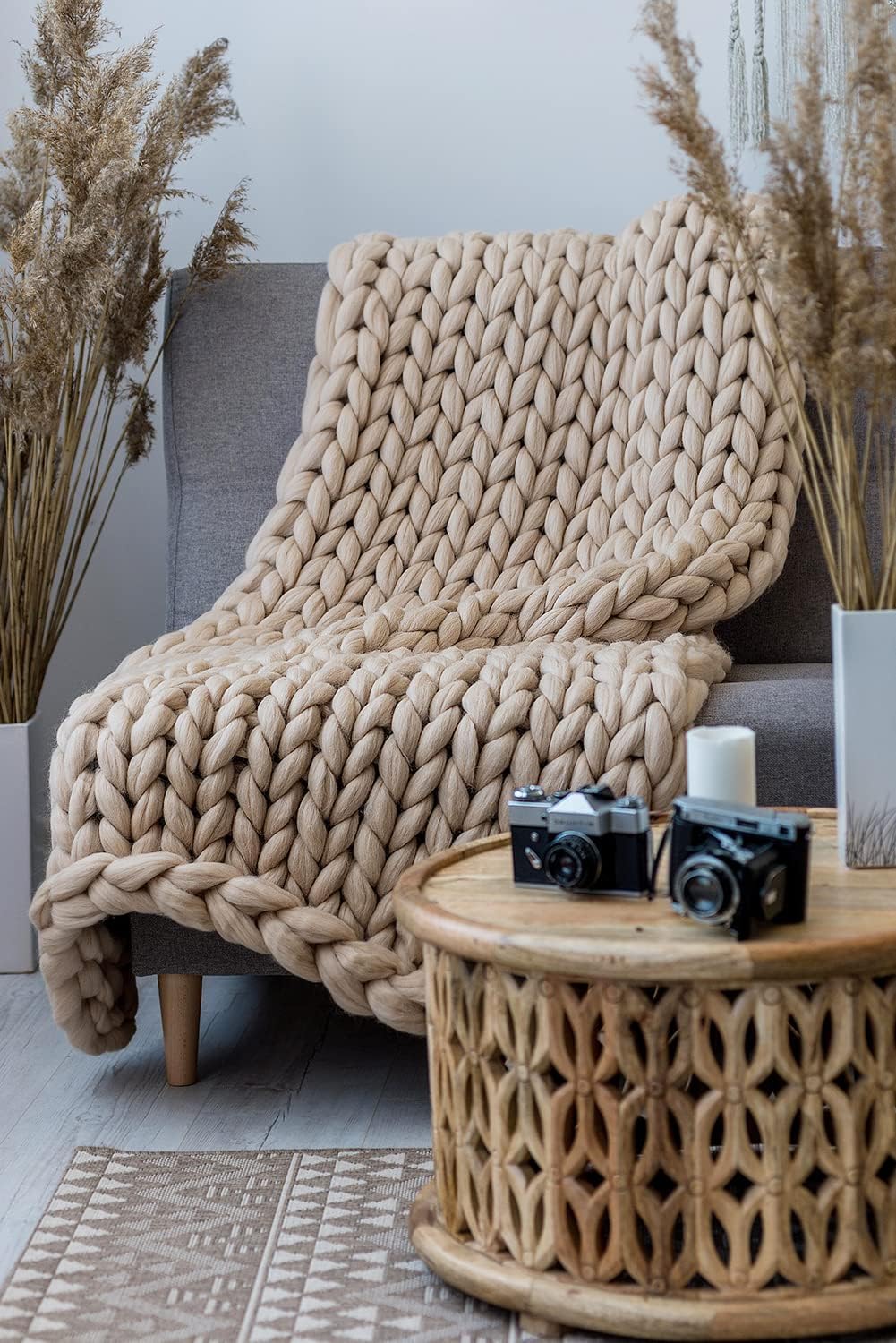 Camel Handmade Chunky Knit Throw Blanket