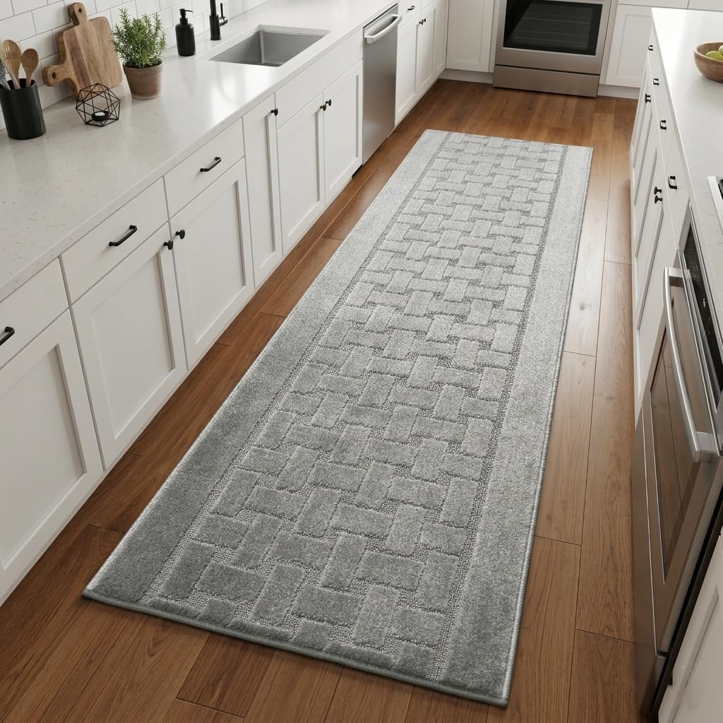 Grey Textured Washable Runner Rug