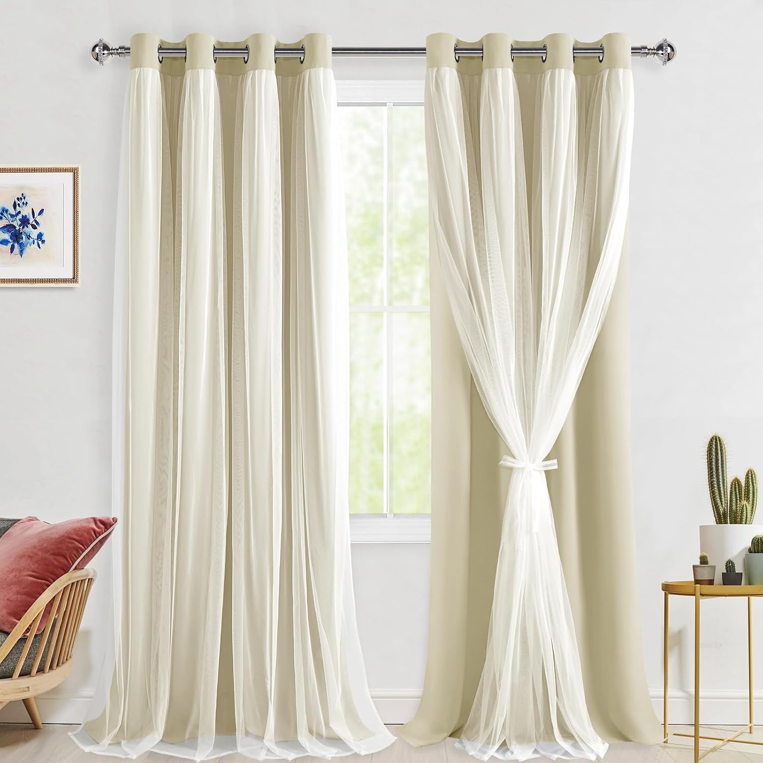 Light Beige Double Layer Blackout Curtains