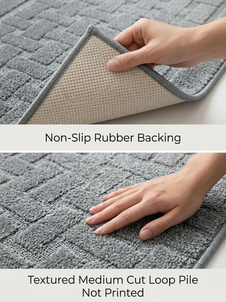 Grey Textured Washable Runner Rug