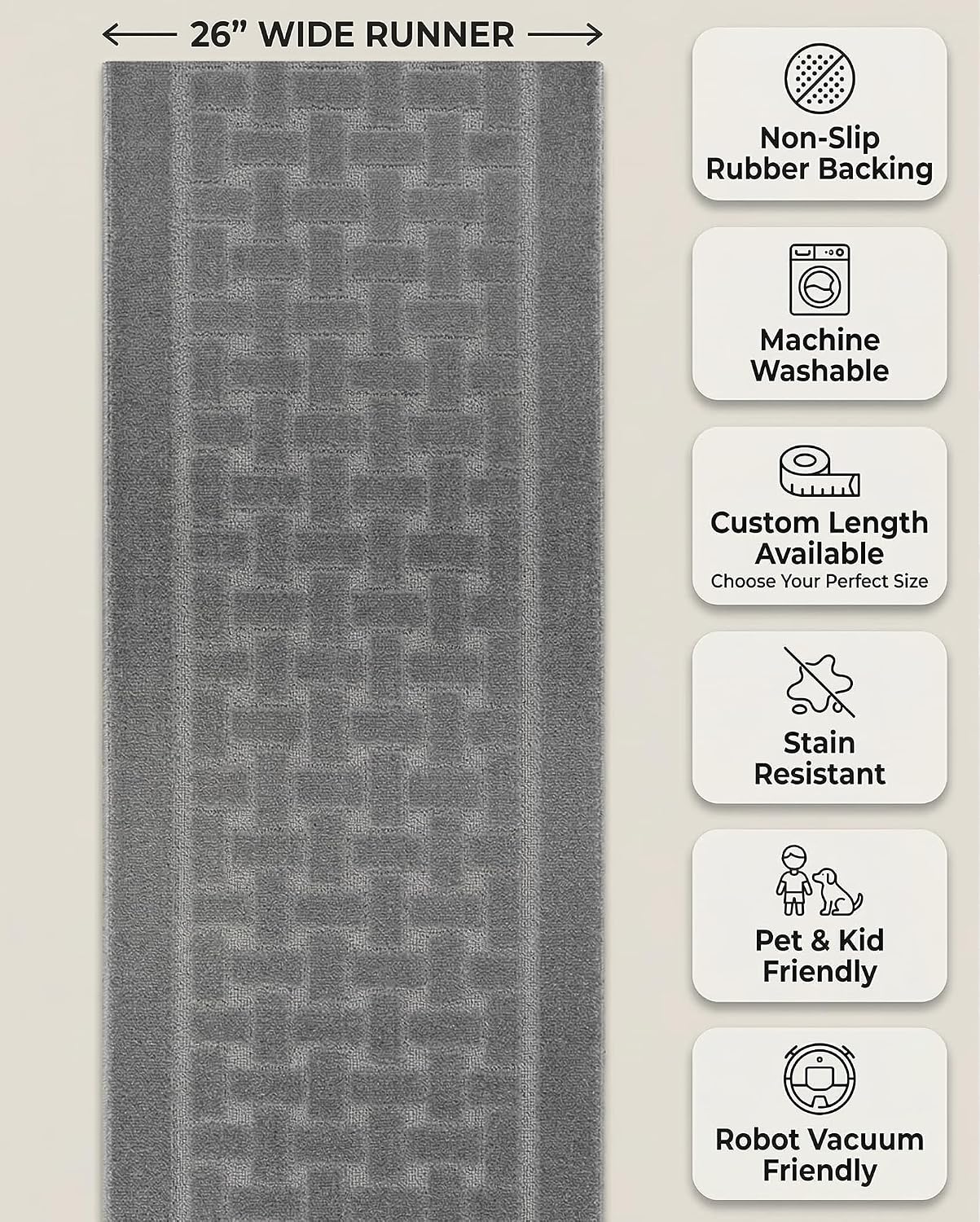 Grey Textured Washable Runner Rug