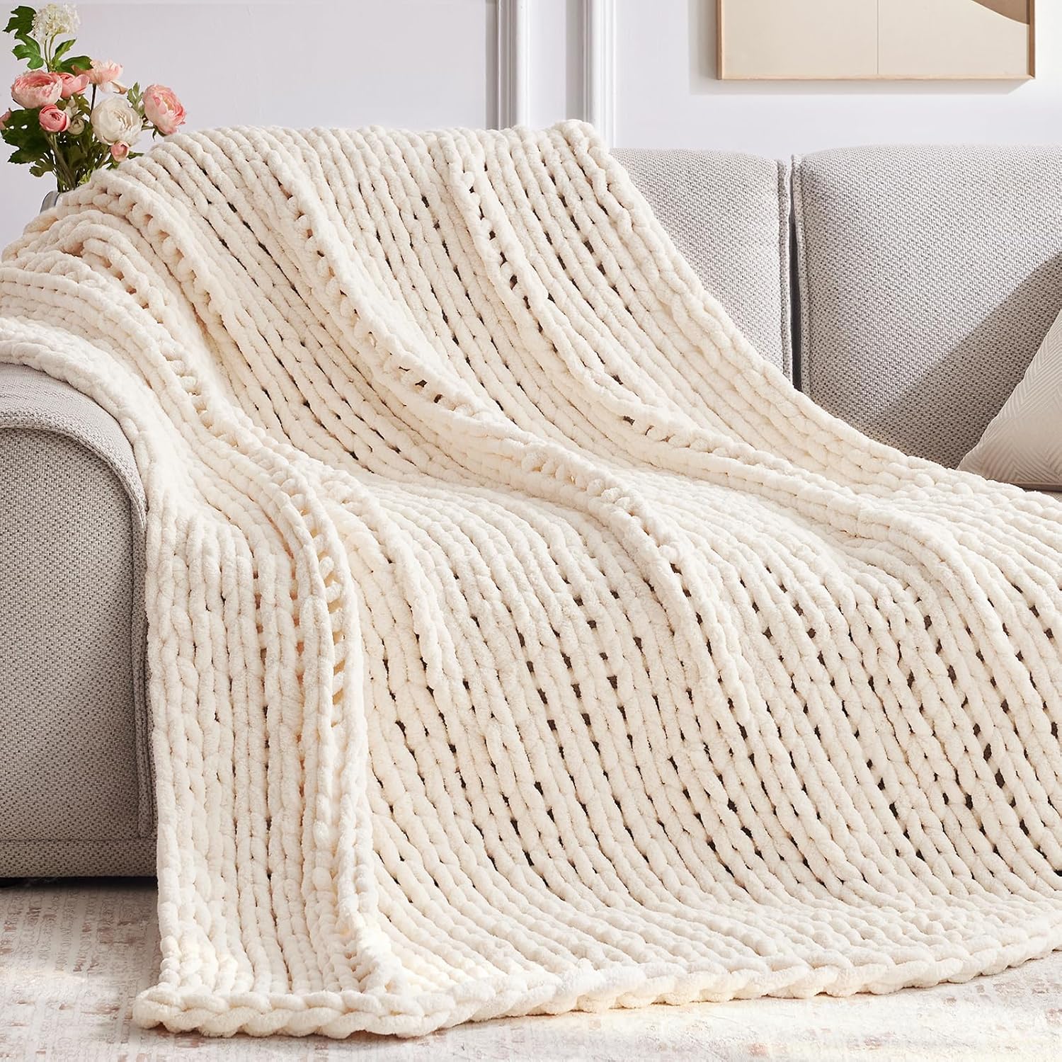 Cream Handmade Chenille Chunky Knit Throw