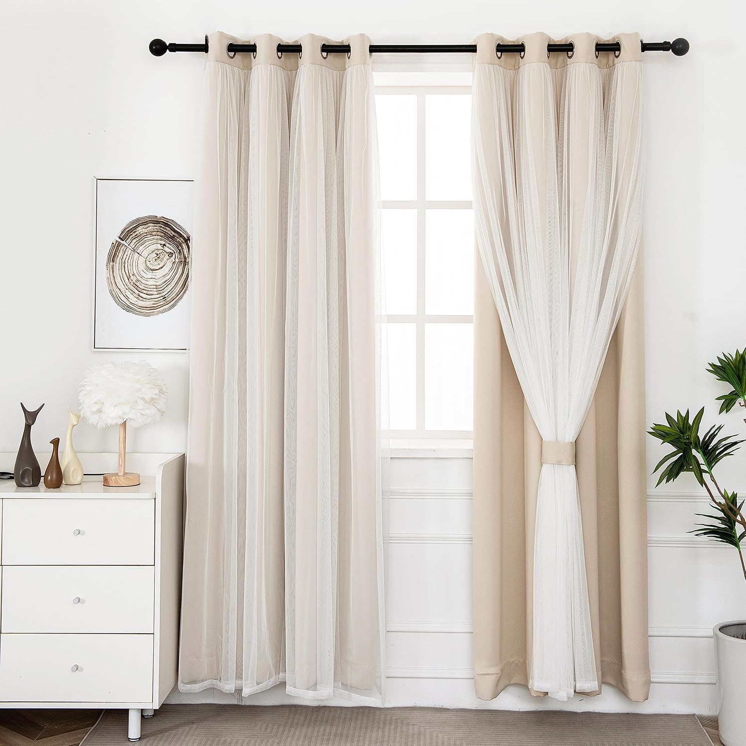 Beige Double Layer Blackout Grommet Curtains Set