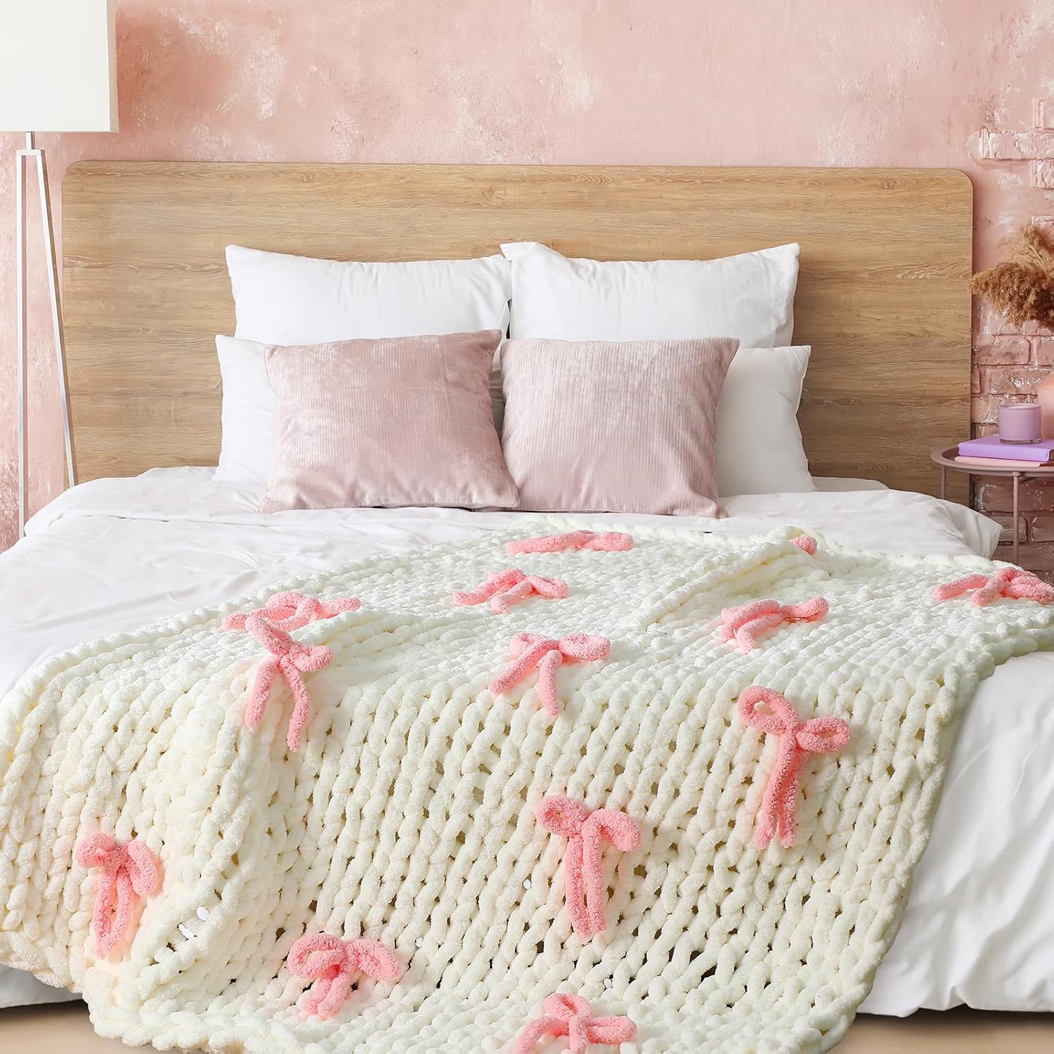 Pink Bow Chunky Chenille Knit Throw