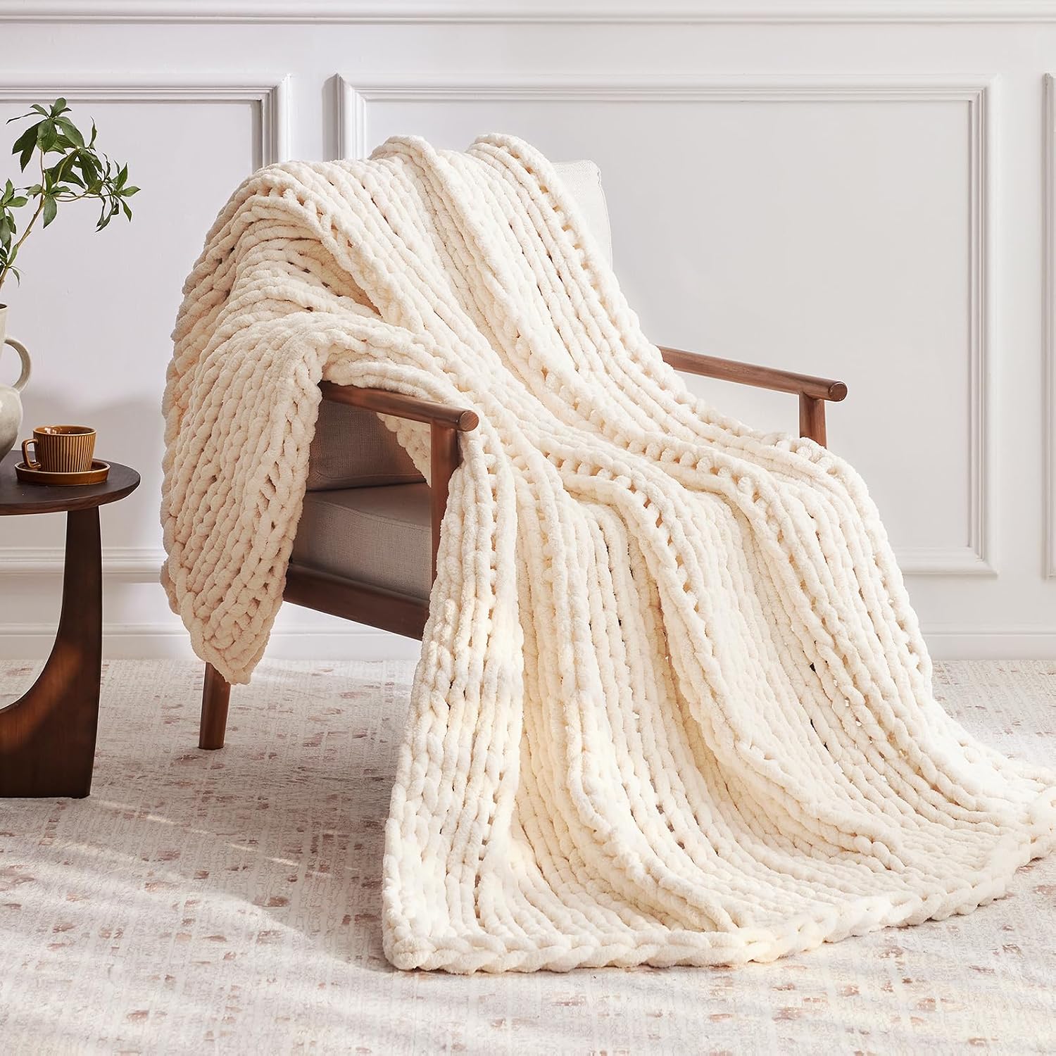 Cream Handmade Chenille Chunky Knit Throw