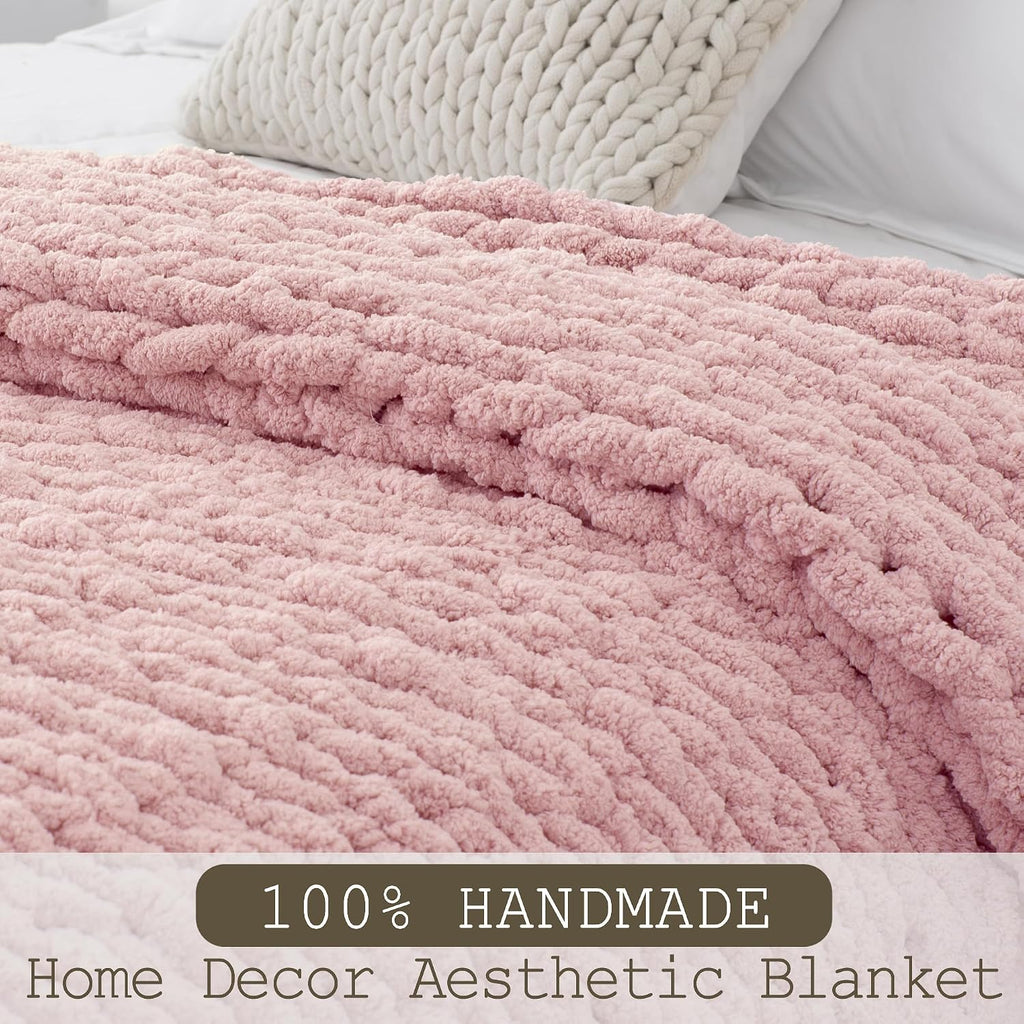 Dusty Pink Handmade Cable Knit Chenille Throw