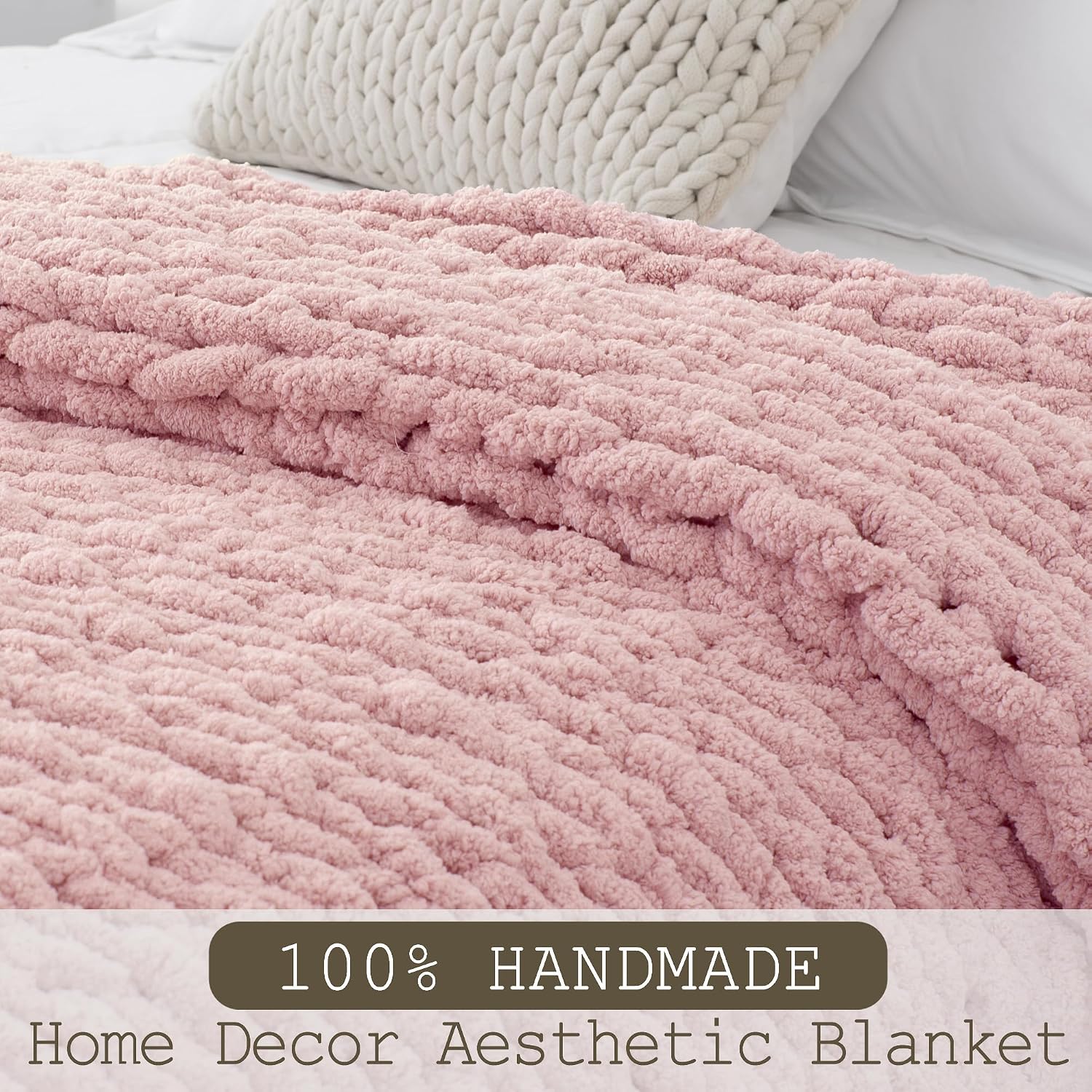 Dusty Pink Handmade Cable Knit Chenille Throw