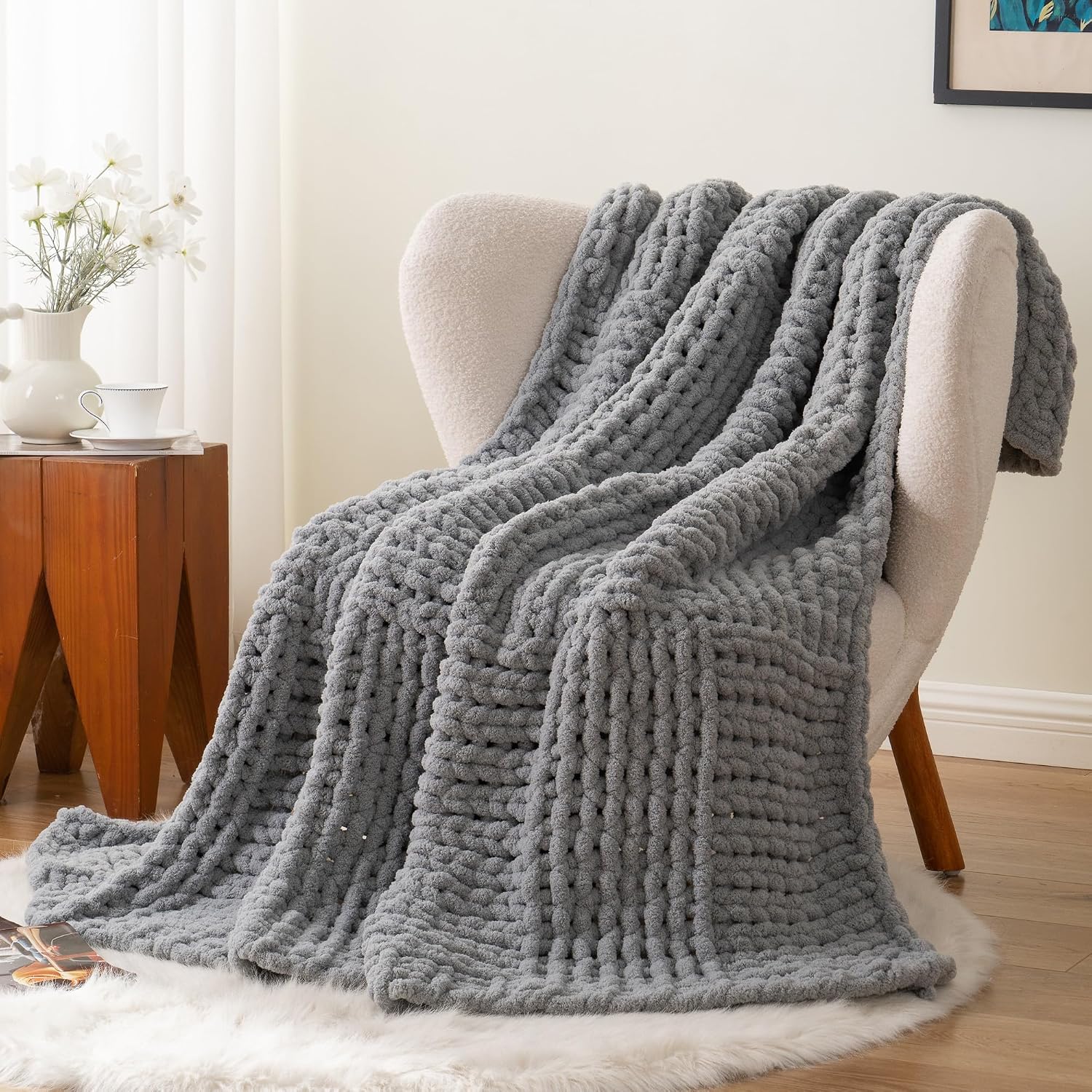 Light Grey Chenille Cable Knit Throw