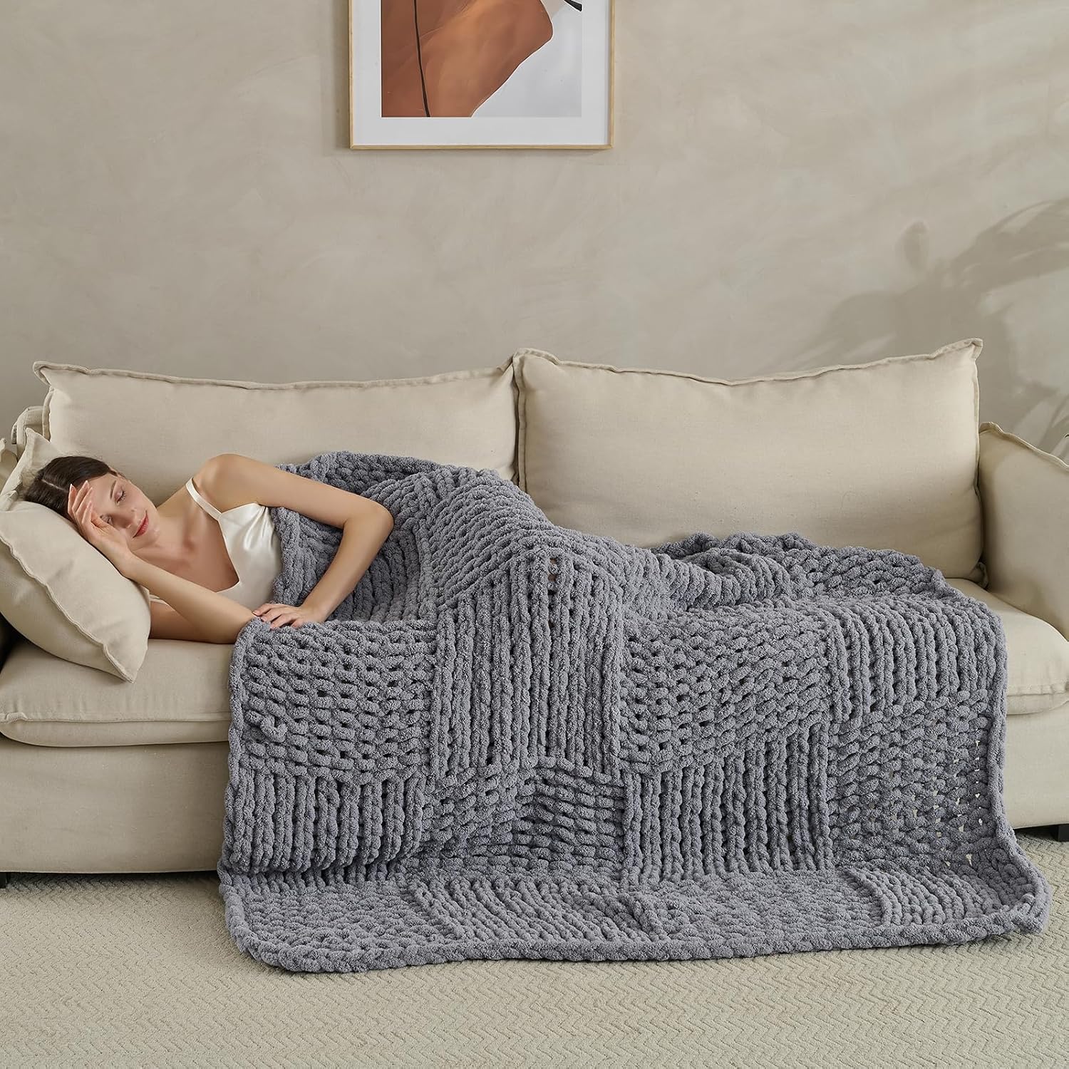 Grey Cable Knit Chunky Throw Blanket