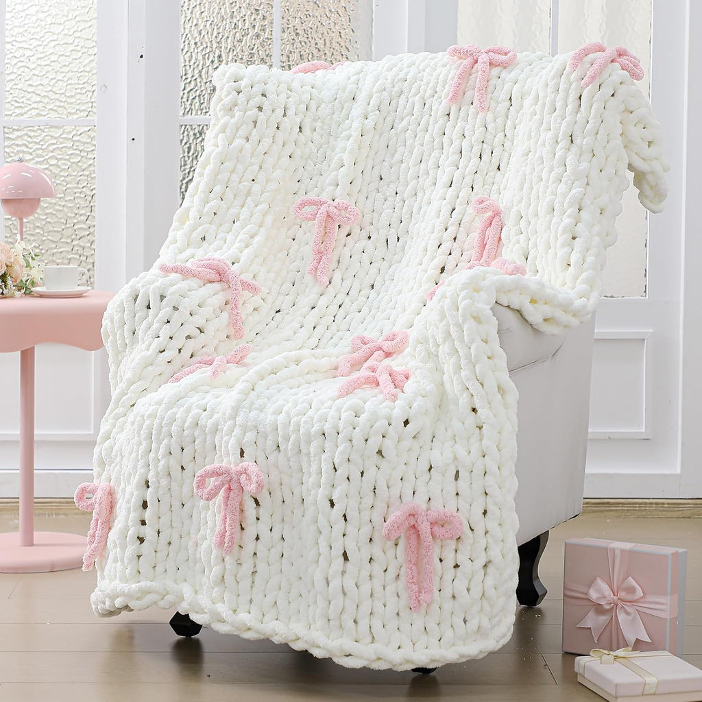 Pink Bow Chunky Chenille Knit Throw