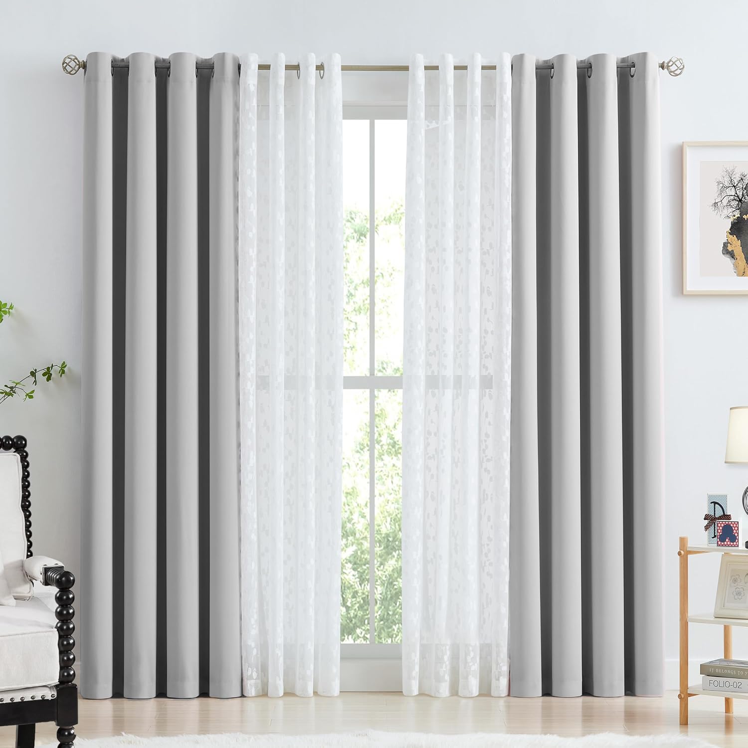 Grey Leaf Lace Double Layer Blackout Curtains