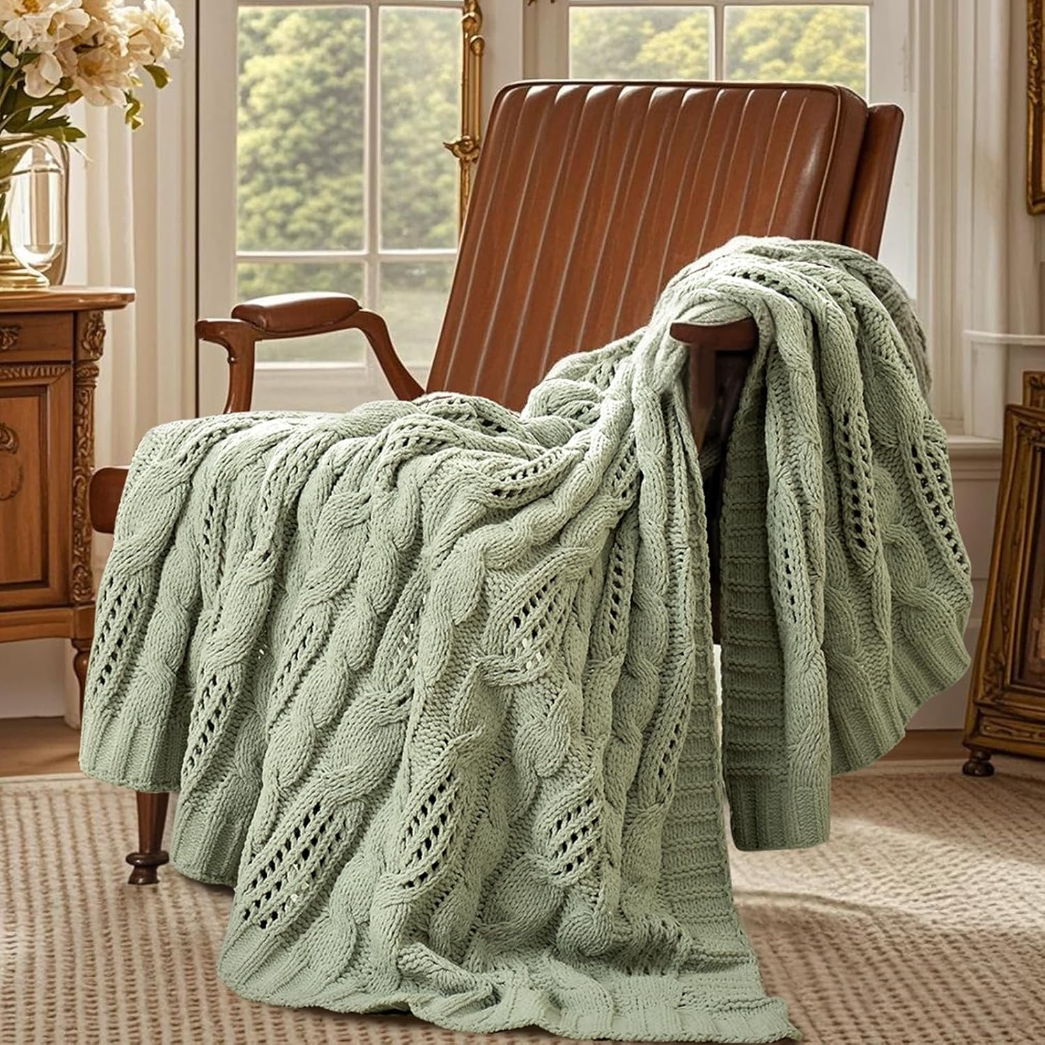Sage Green Dual-Sided Chenille Knit Throw
