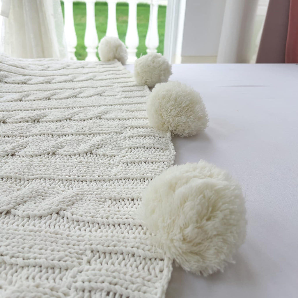 White Pom Pom Tassel Chenille Knit Throw