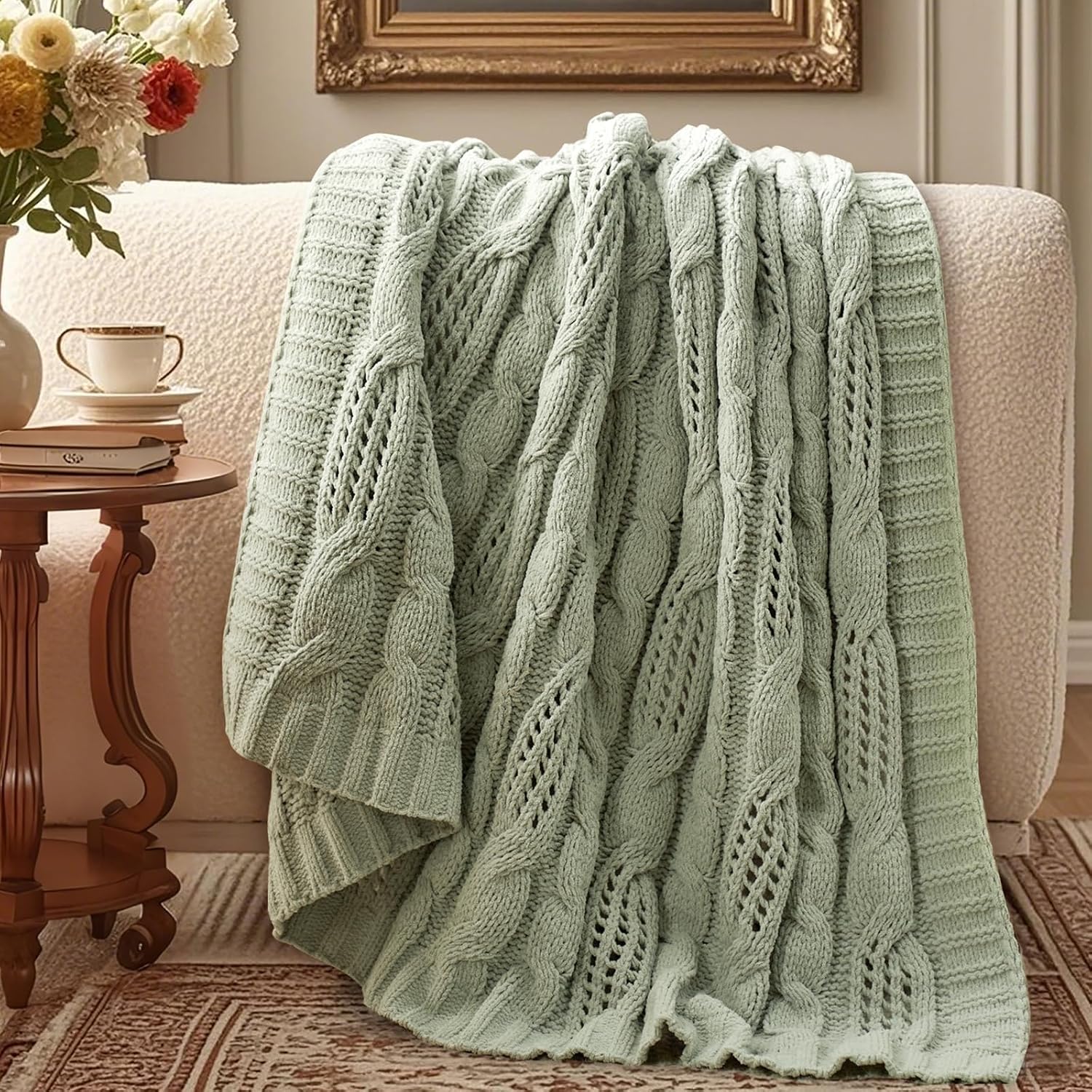 Sage Green Dual-Sided Chenille Knit Throw
