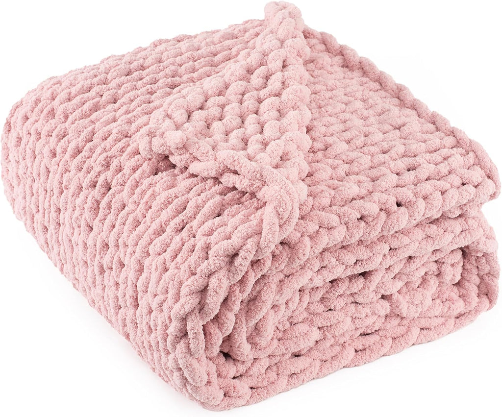 Dusty Pink Handmade Cable Knit Chenille Throw