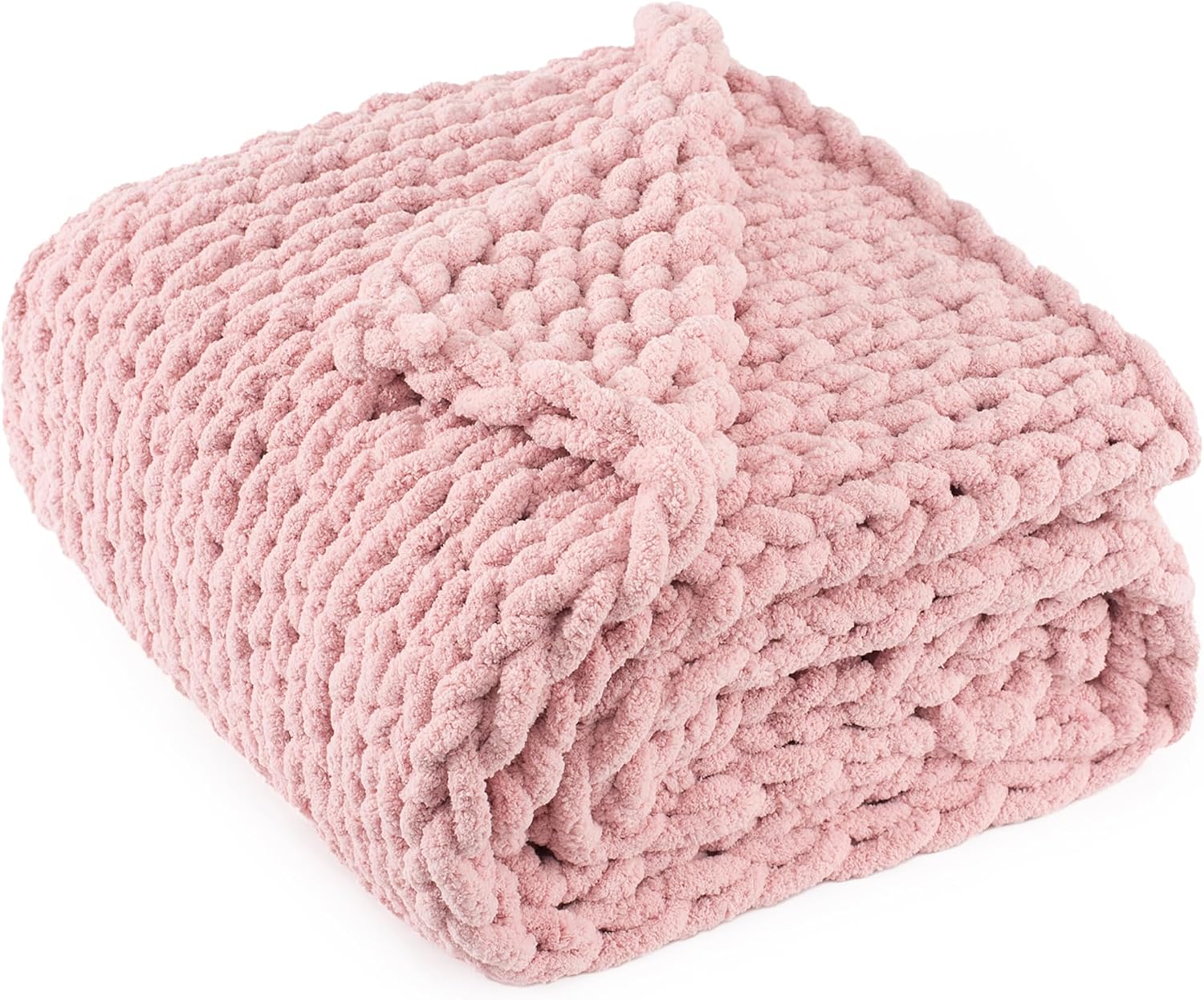 Dusty Pink Handmade Cable Knit Chenille Throw