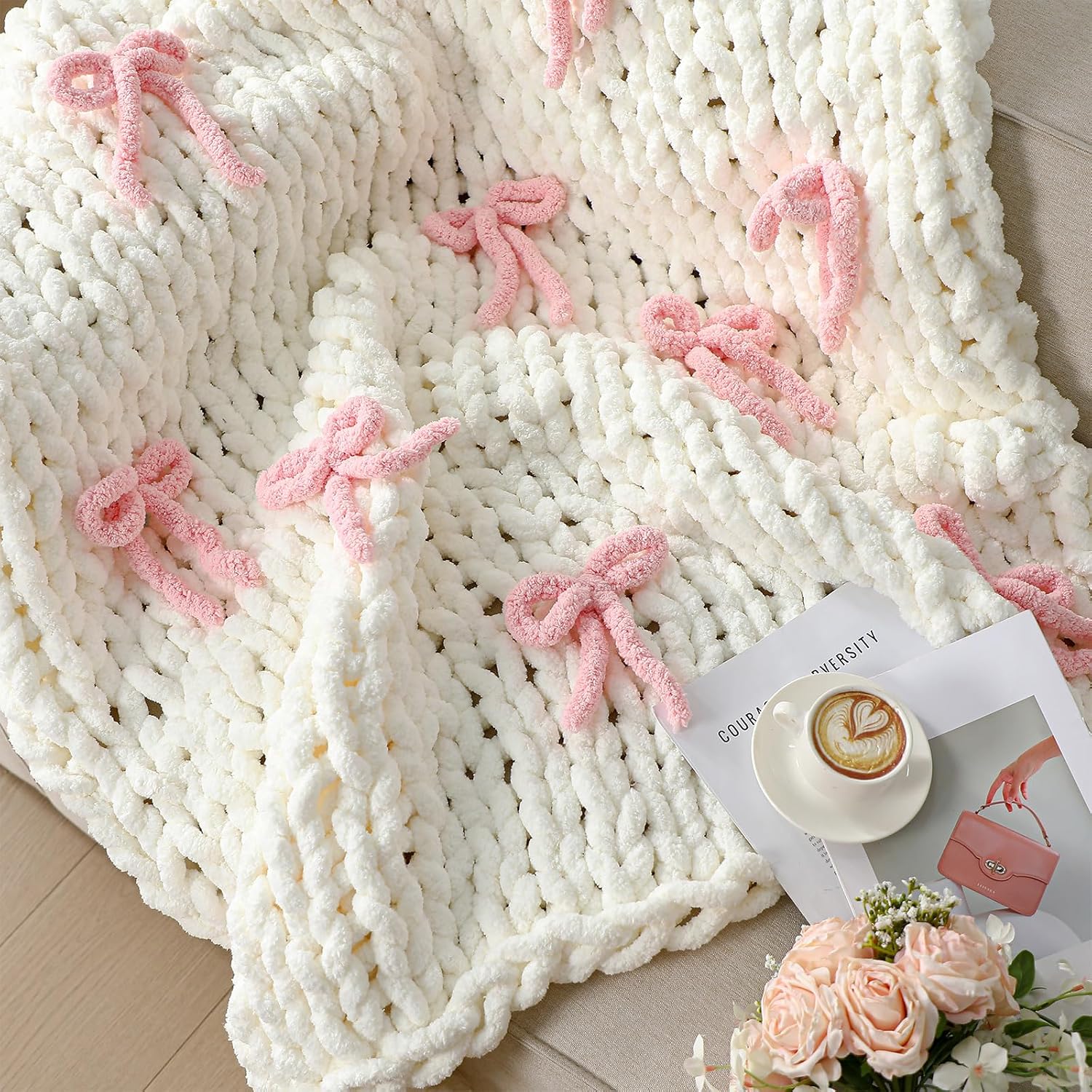 Pink Bow Chunky Chenille Knit Throw
