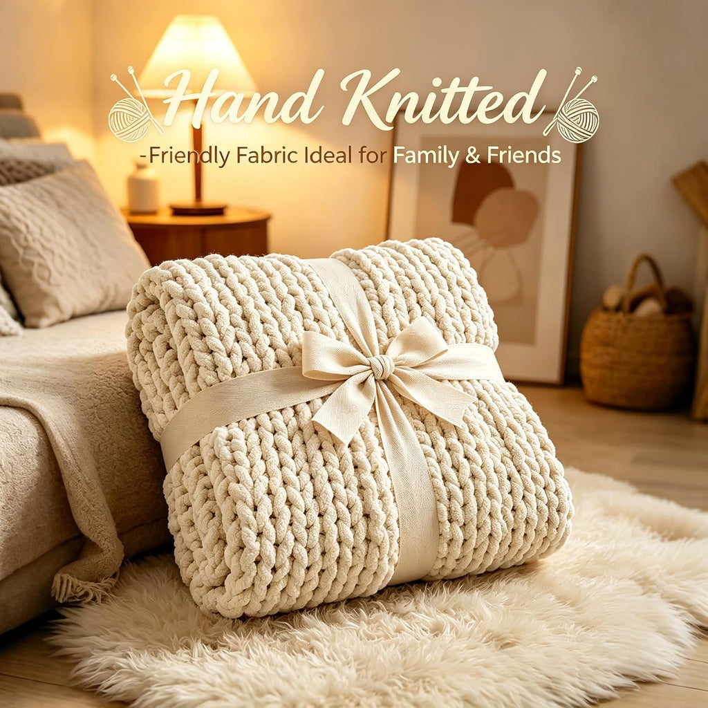 Ivory Hand Knit Chenille Chunky Throw