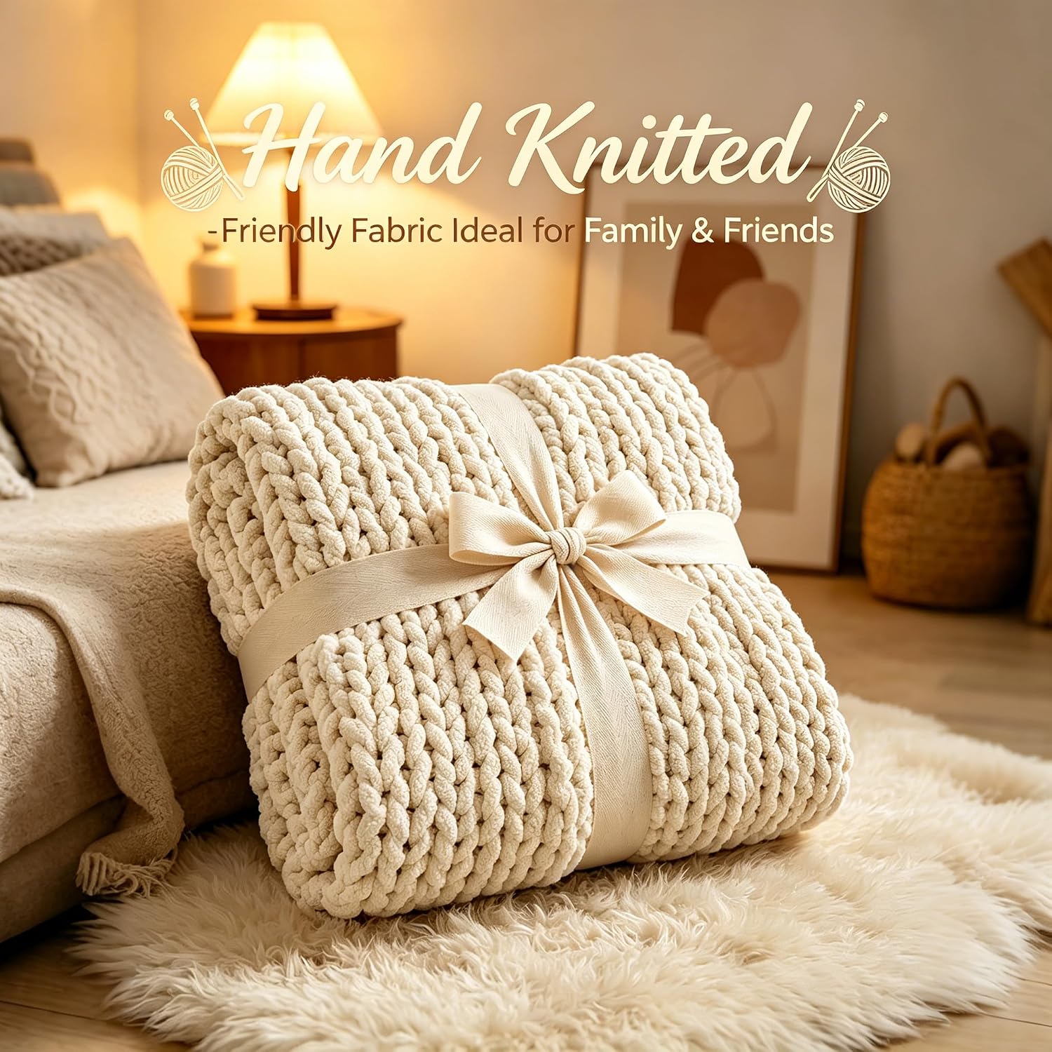 Ivory Hand Knit Chenille Chunky Throw