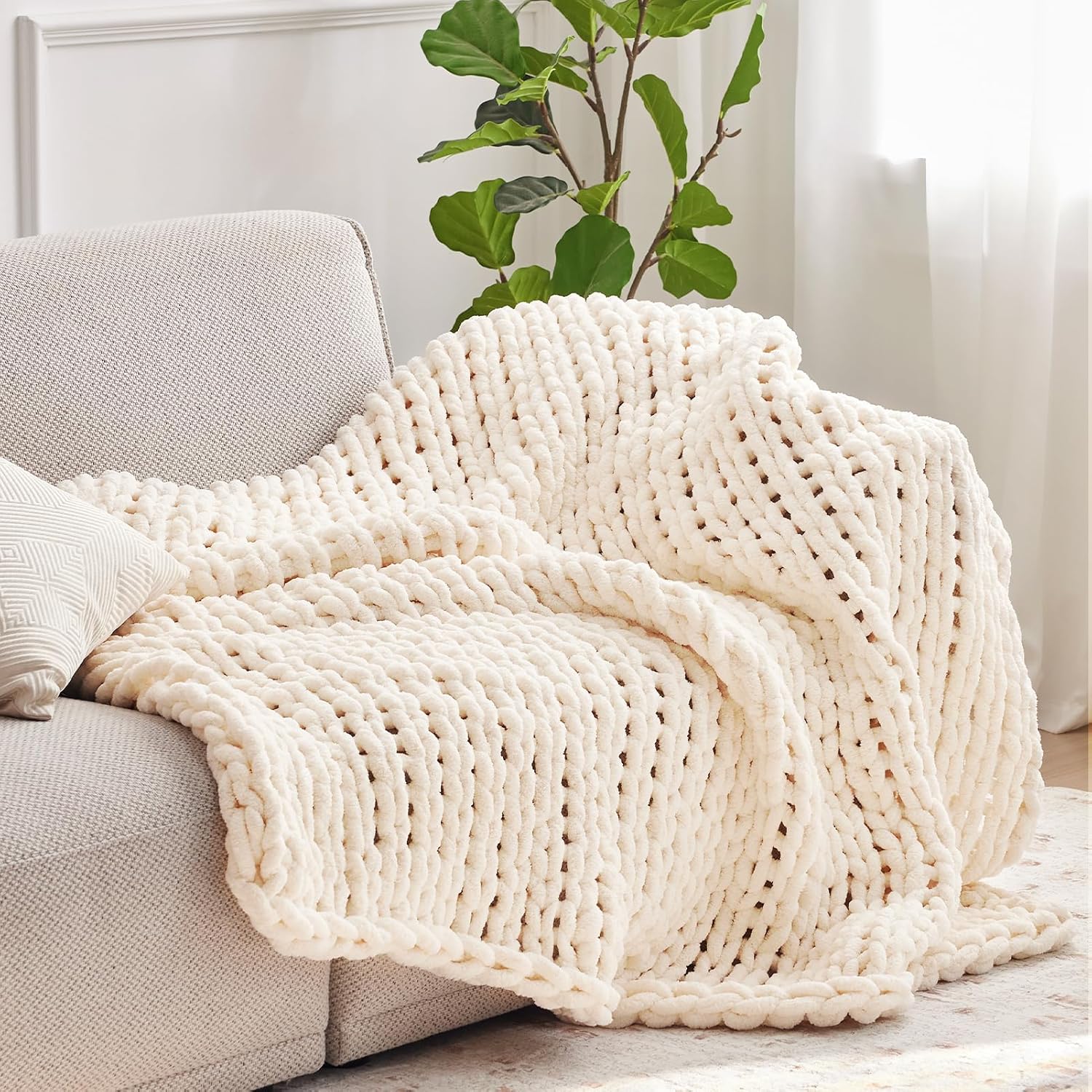 Cream Handmade Chenille Chunky Knit Throw
