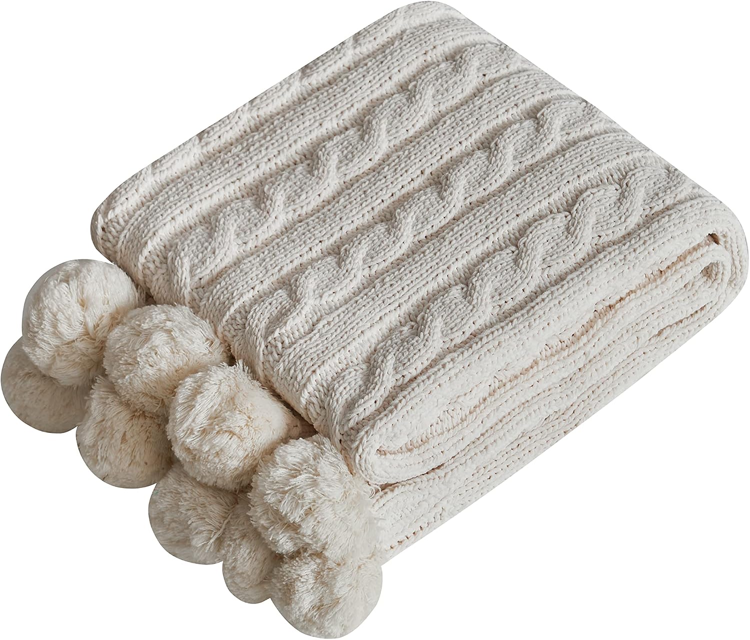 White Pom Pom Tassel Chenille Knit Throw