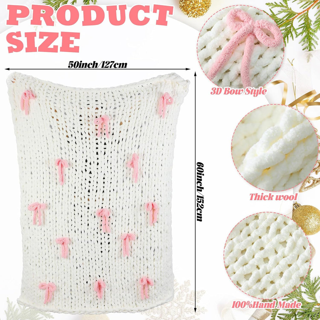 Pink Bow Chunky Chenille Knit Throw