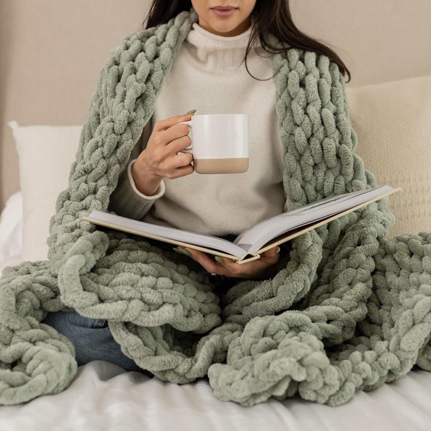 Sage Green OEKO-TEX Chenille Knit Throw