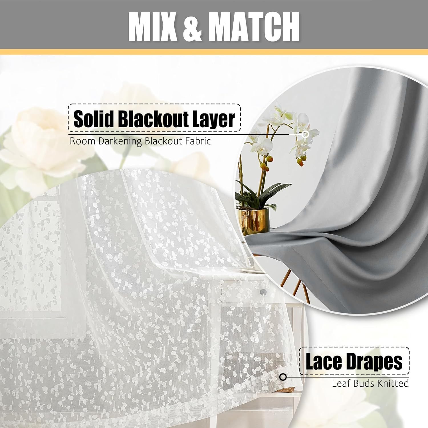 Grey Leaf Lace Double Layer Blackout Curtains