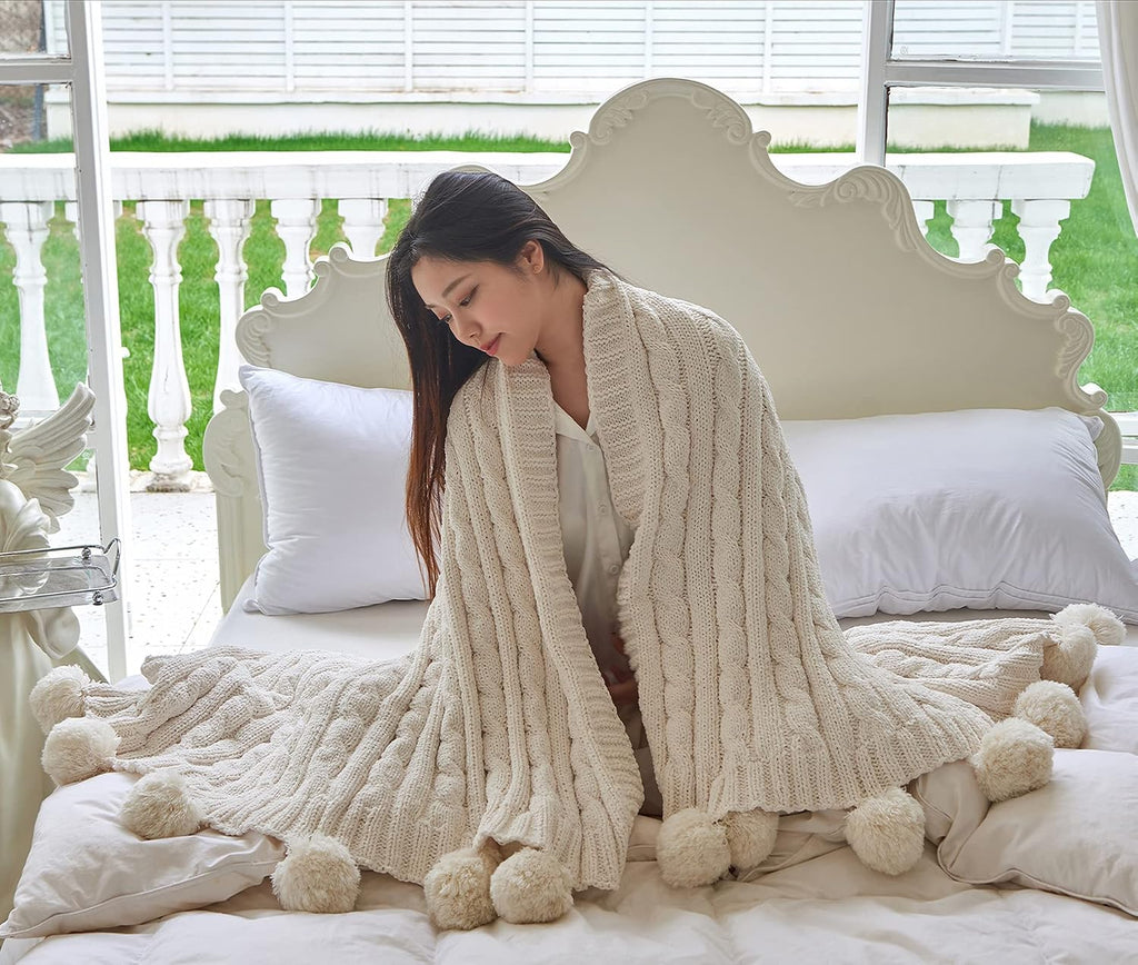 White Pom Pom Tassel Chenille Knit Throw