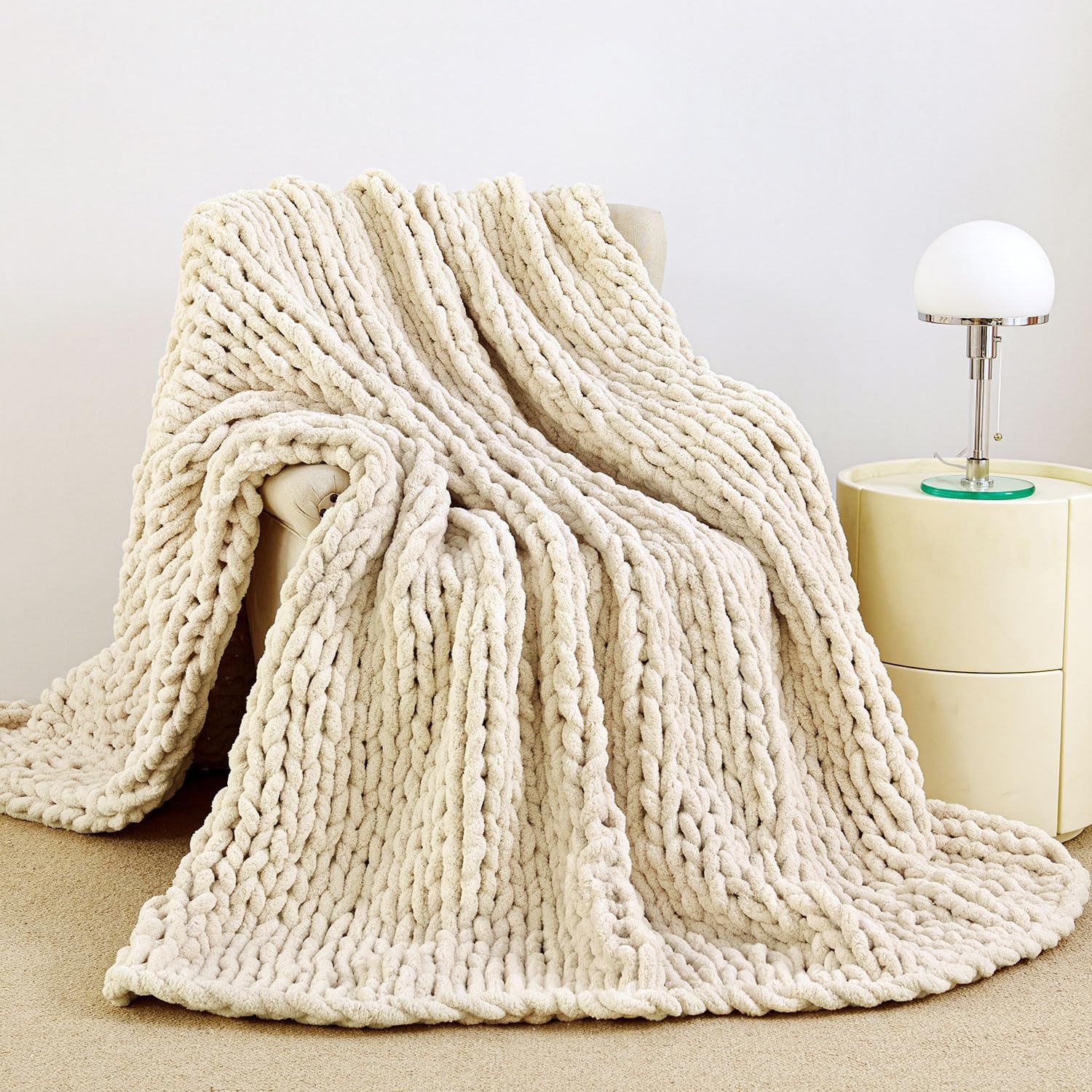 Ivory Hand Knit Chenille Chunky Throw