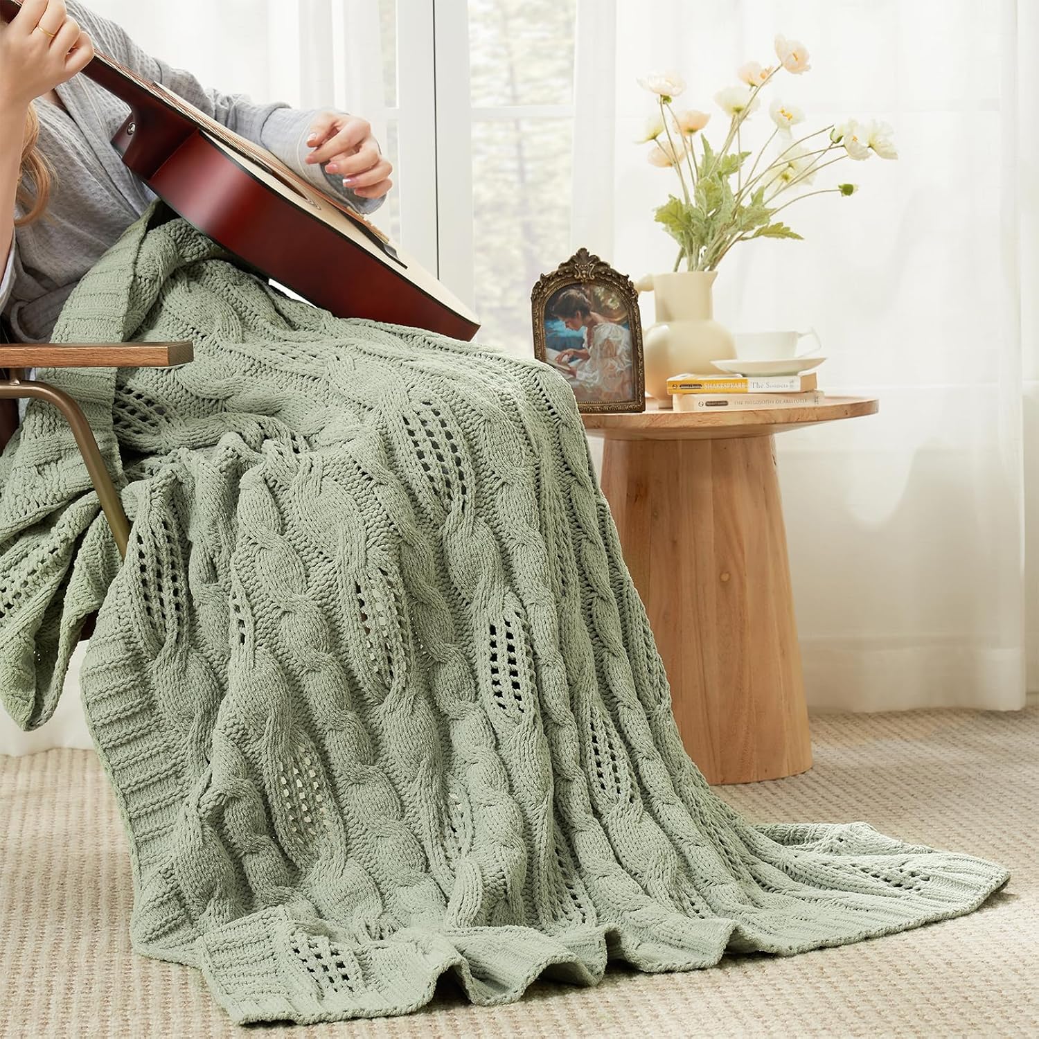 Sage Green Dual-Sided Chenille Knit Throw