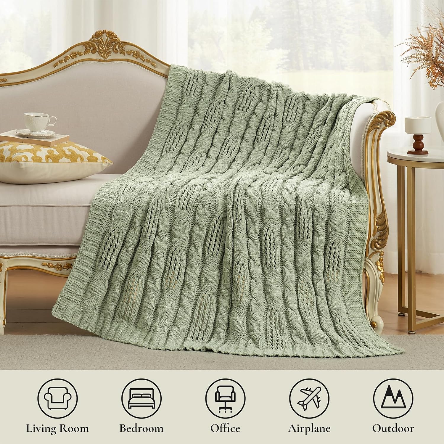 Sage Green Dual-Sided Chenille Knit Throw