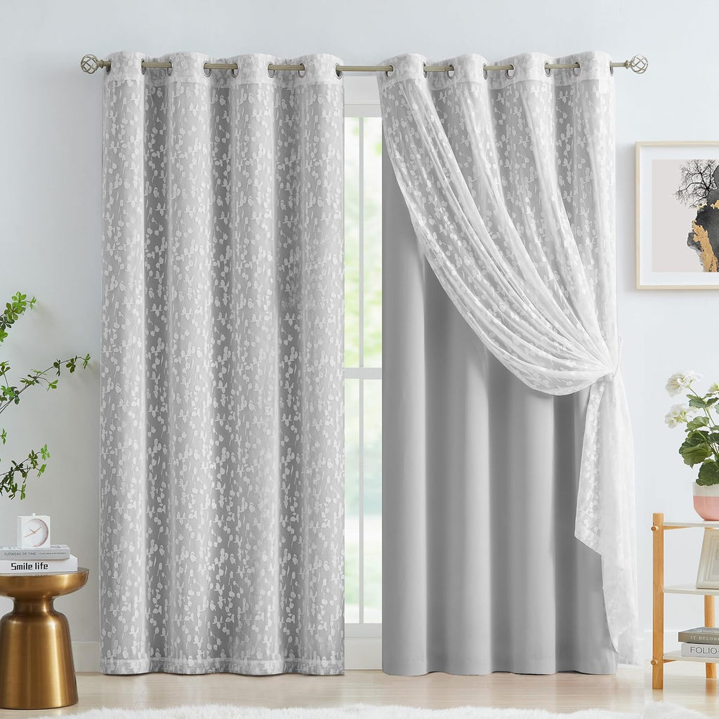 Grey Leaf Lace Double Layer Blackout Curtains