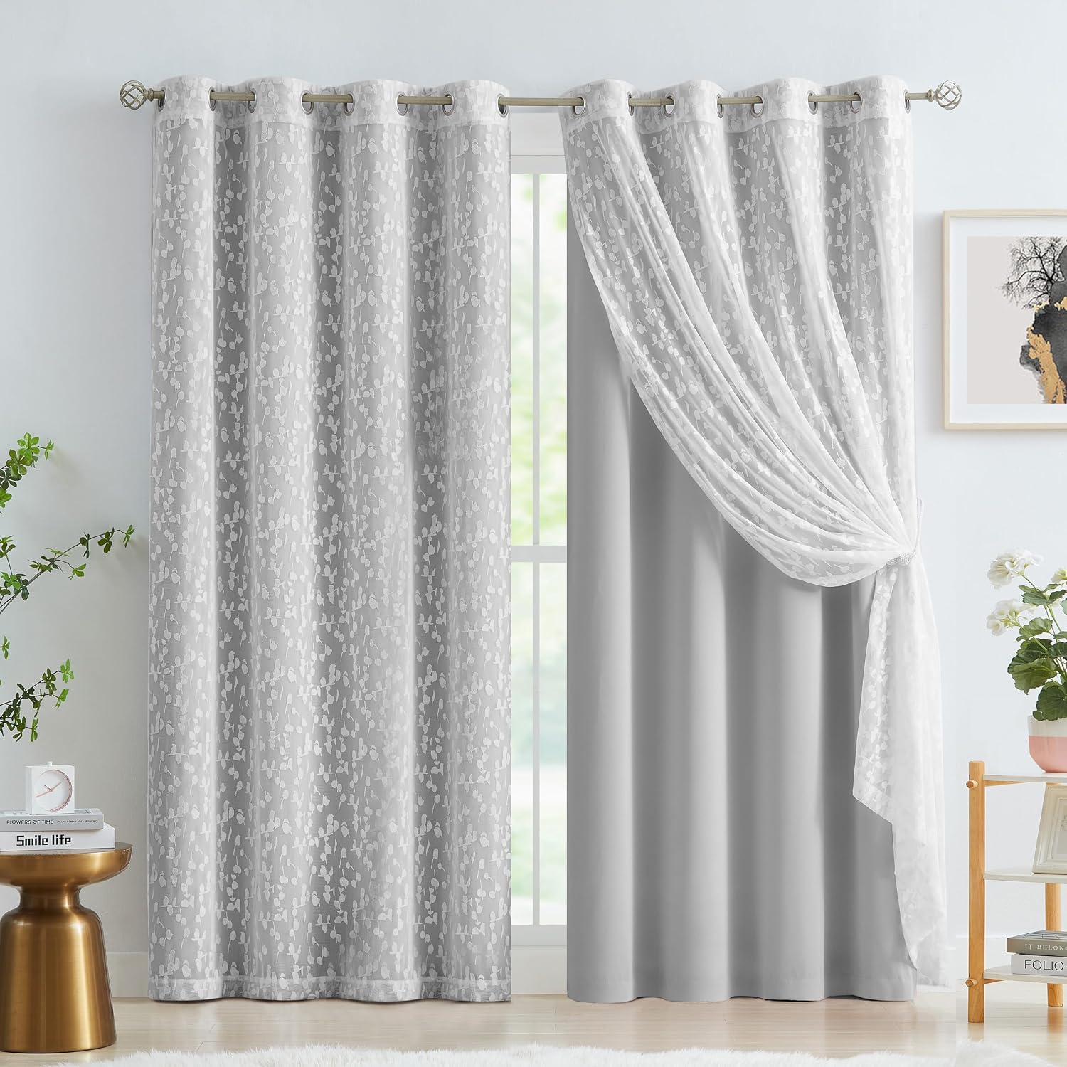 Grey Leaf Lace Double Layer Blackout Curtains