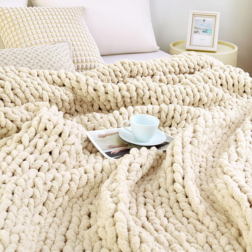 Ivory Hand Knit Chenille Chunky Throw