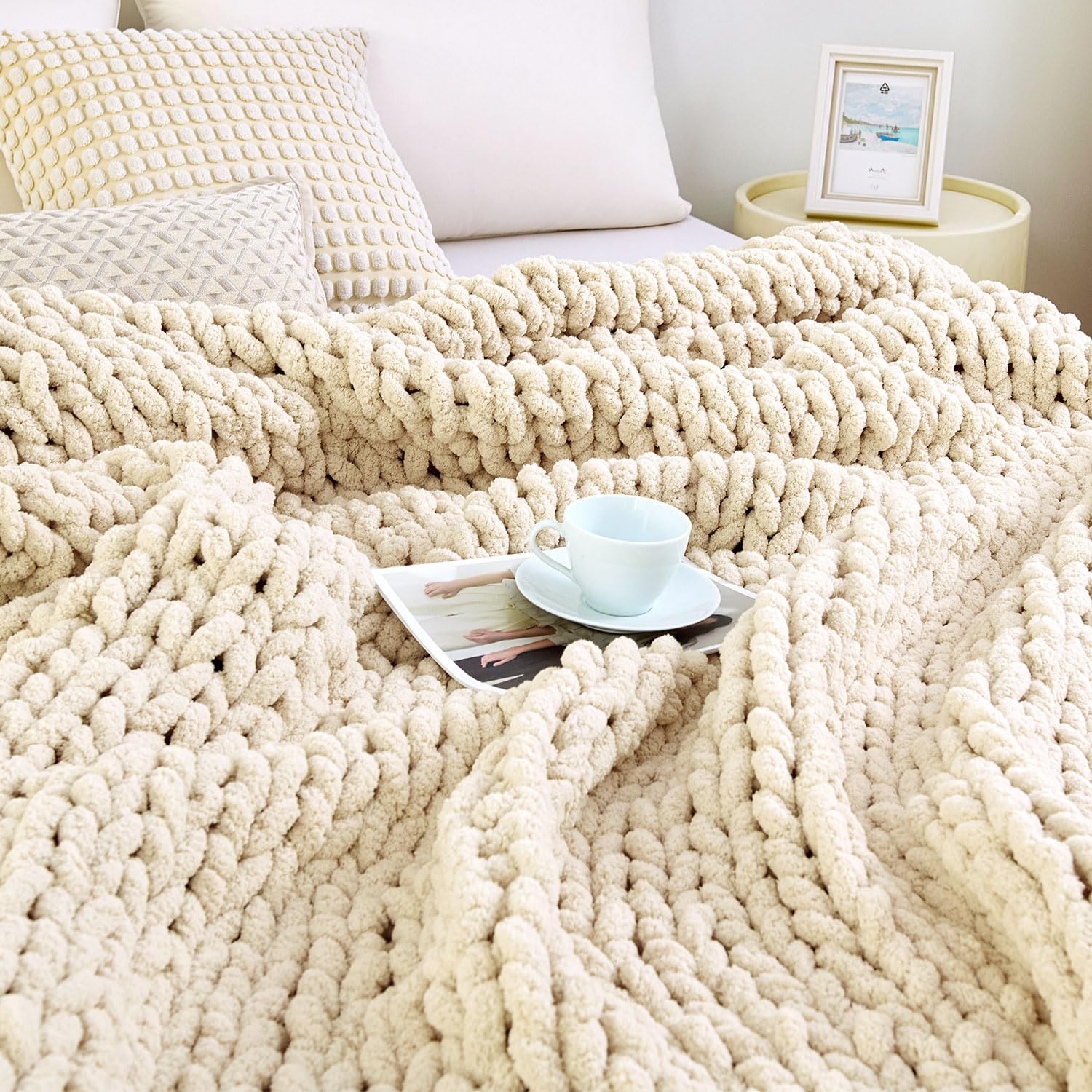 Ivory Hand Knit Chenille Chunky Throw