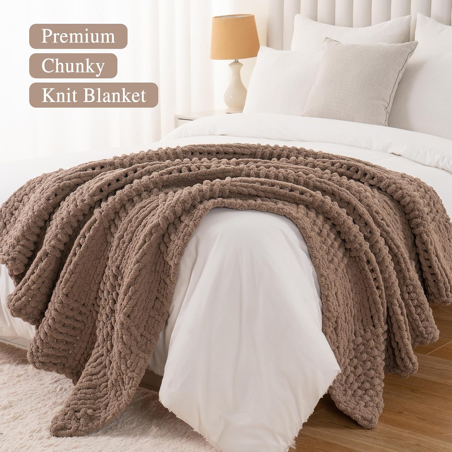 Beige Chunky Knit Couch Throw Blanket