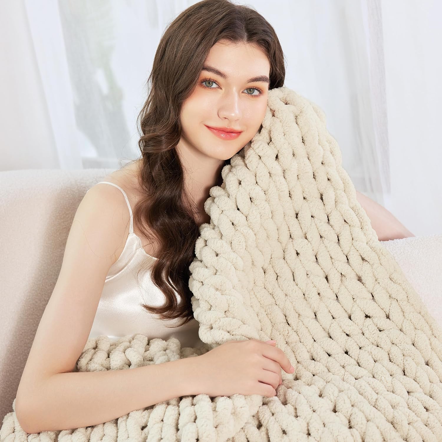 Ivory Hand Knit Chenille Chunky Throw