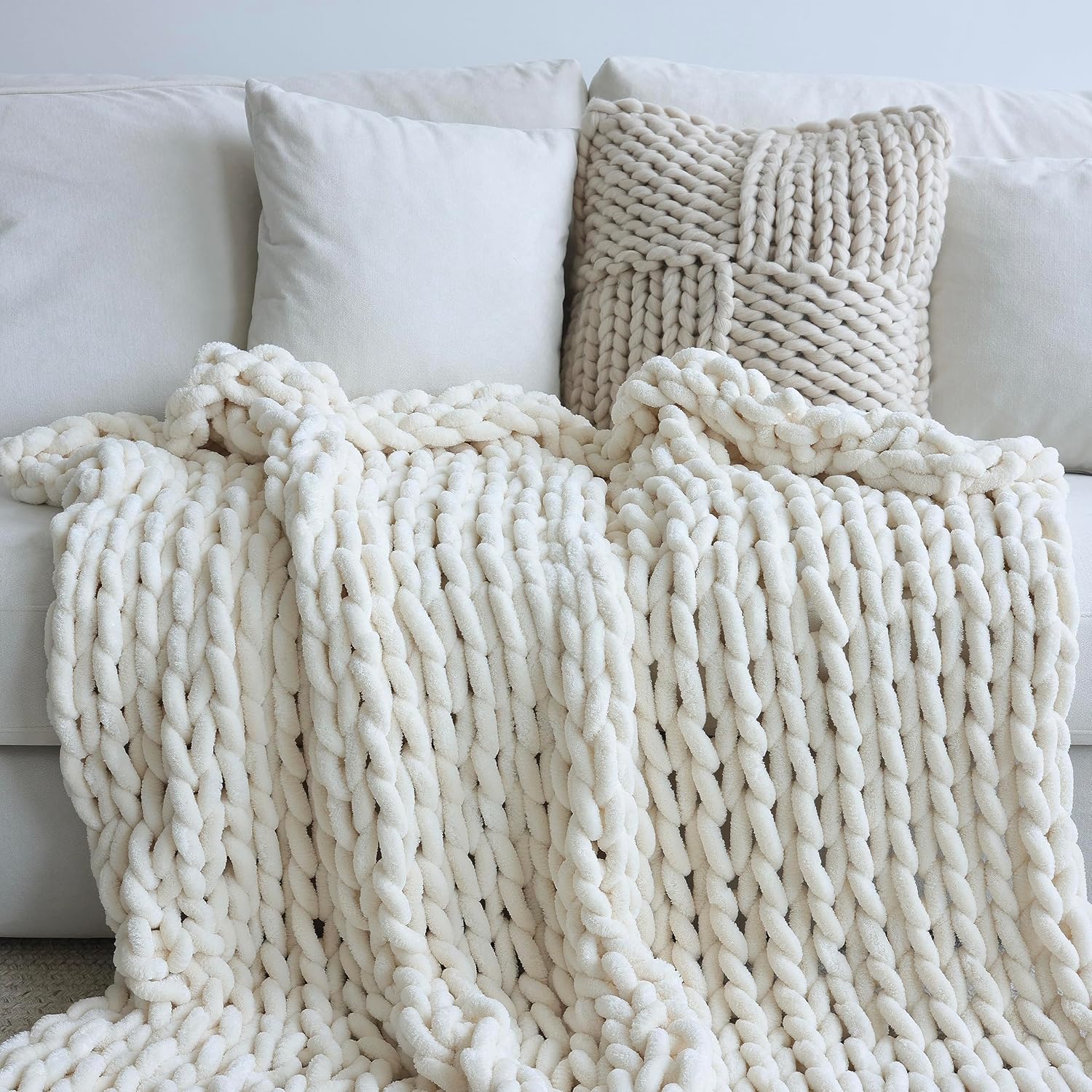 Cream Handmade Chenille Chunky Knit Throw