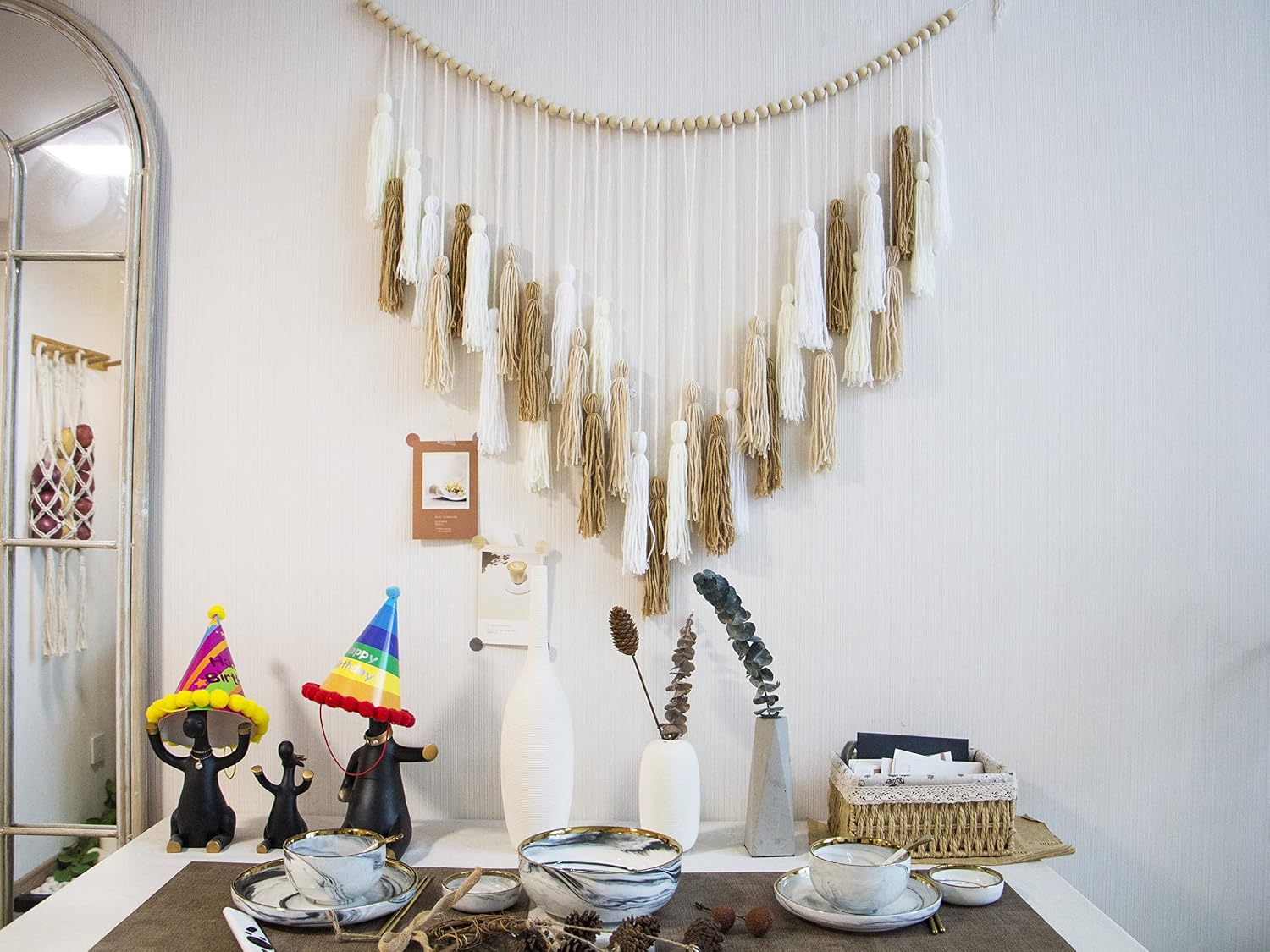 Cream Beaded Macrame Wall Hanging