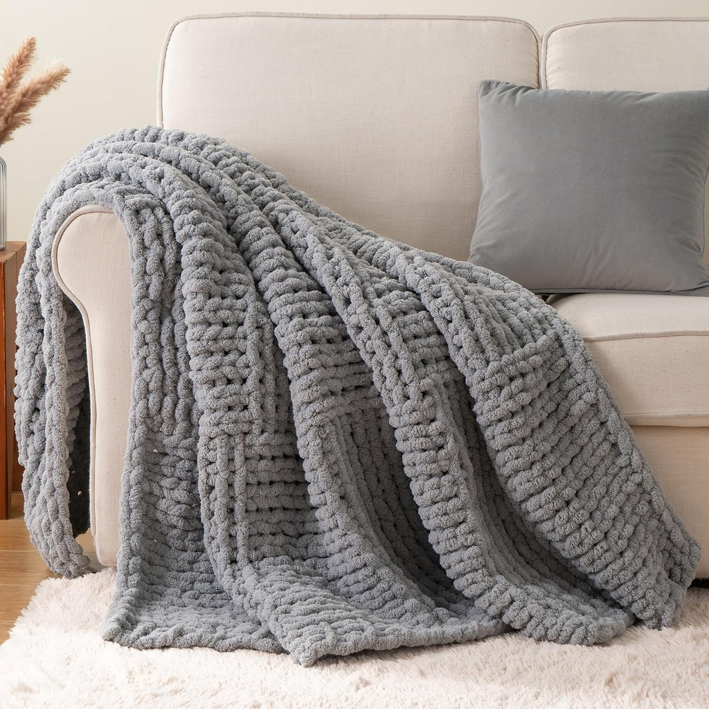 Light Grey Chenille Cable Knit Throw