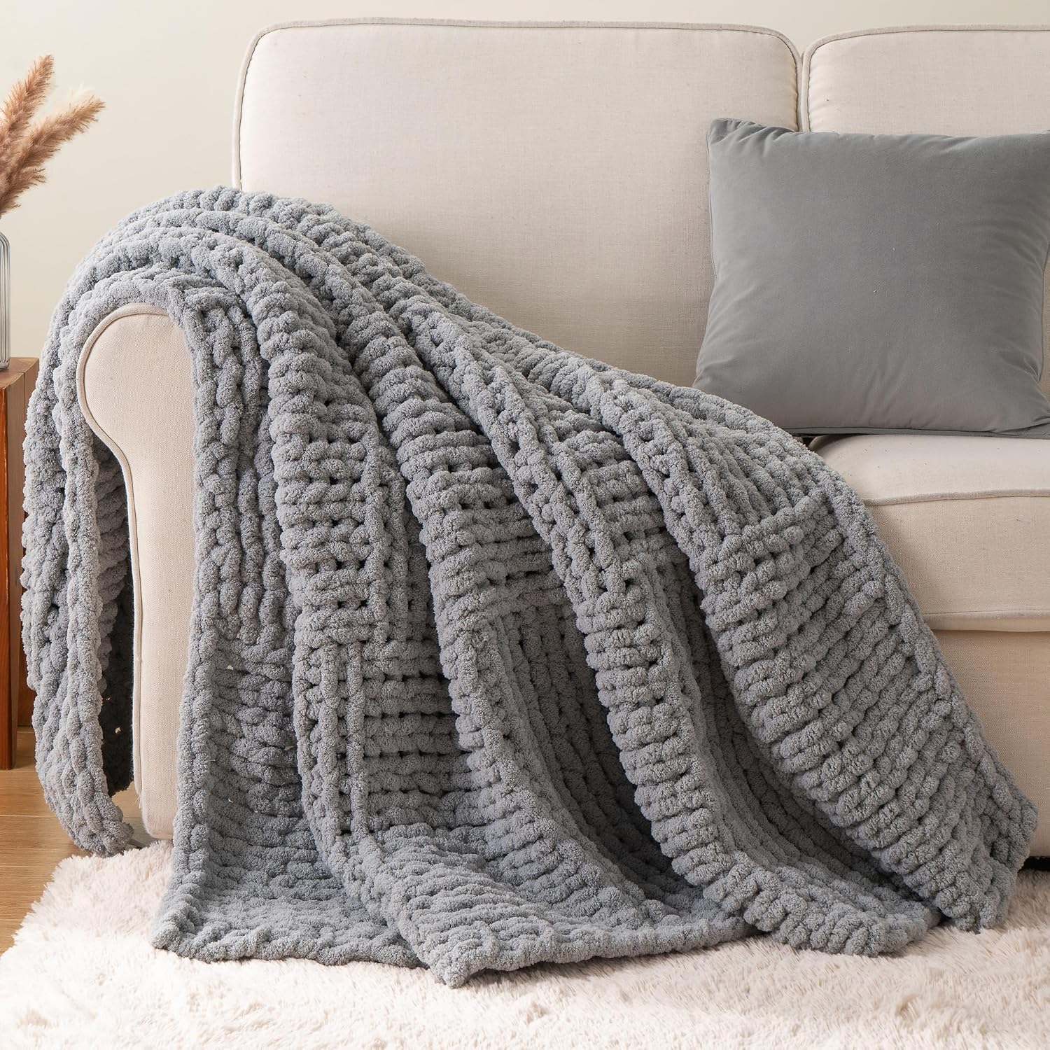 Light Grey Chenille Cable Knit Throw