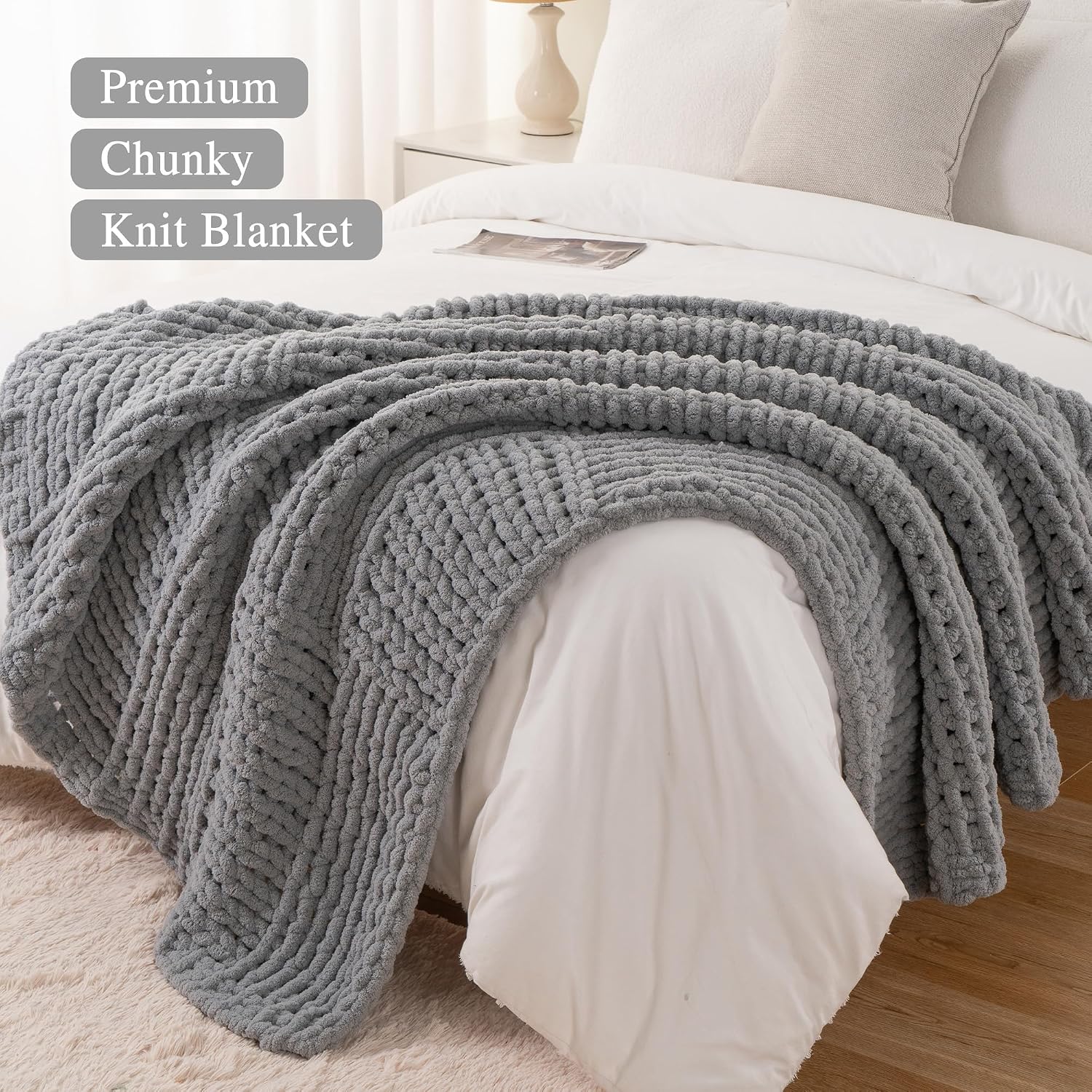 Light Grey Chenille Cable Knit Throw