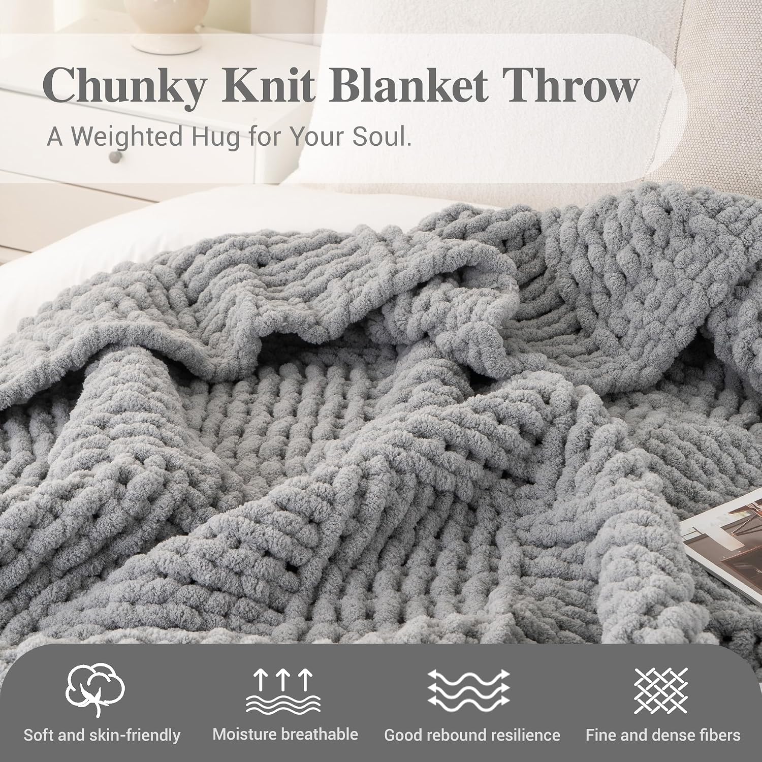 Light Grey Chenille Cable Knit Throw